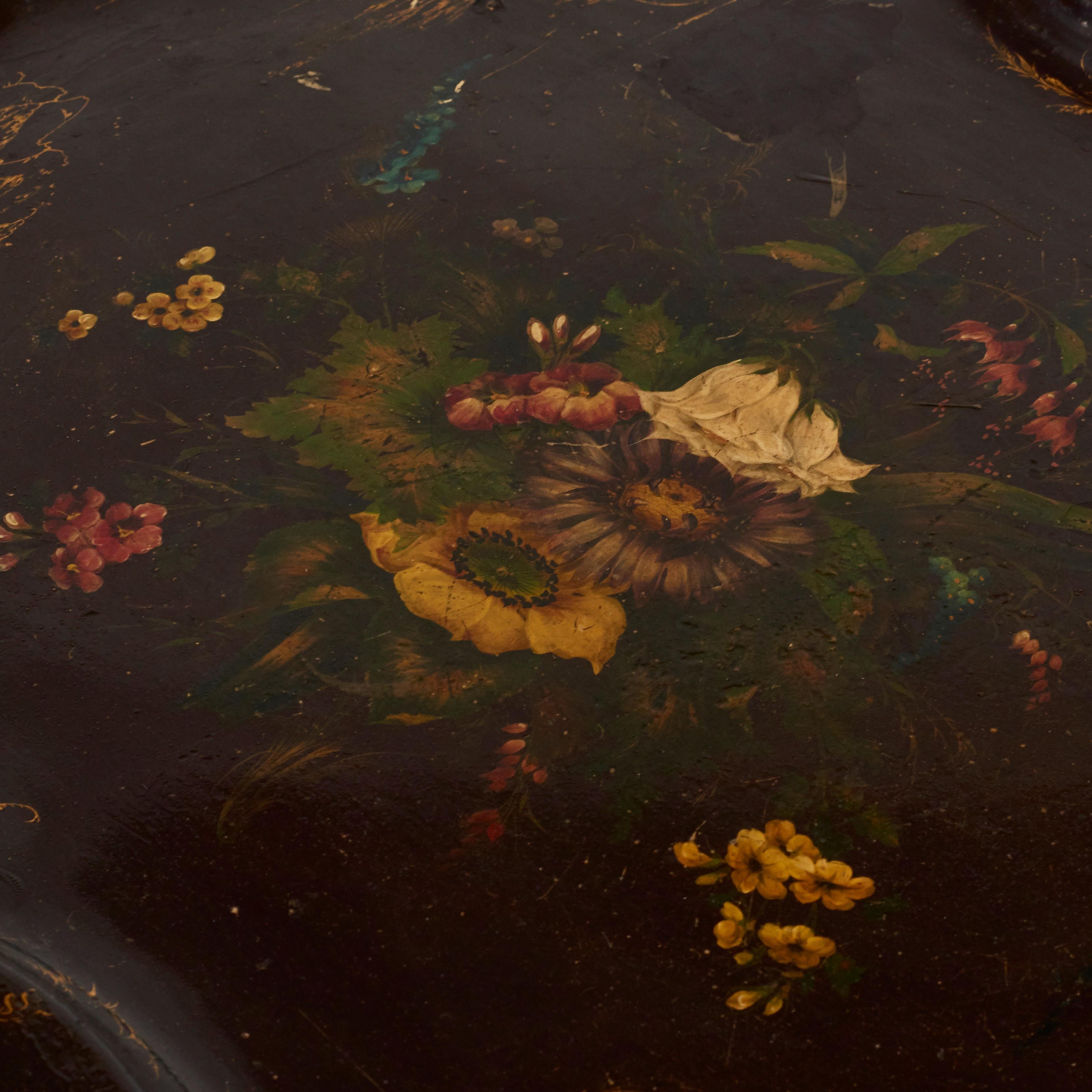 Antique Victorian Metal Tray Table with Gilt & Floral Decoration 6