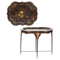 Victorian Metal Tray Table with Gilt & Floral Decoration