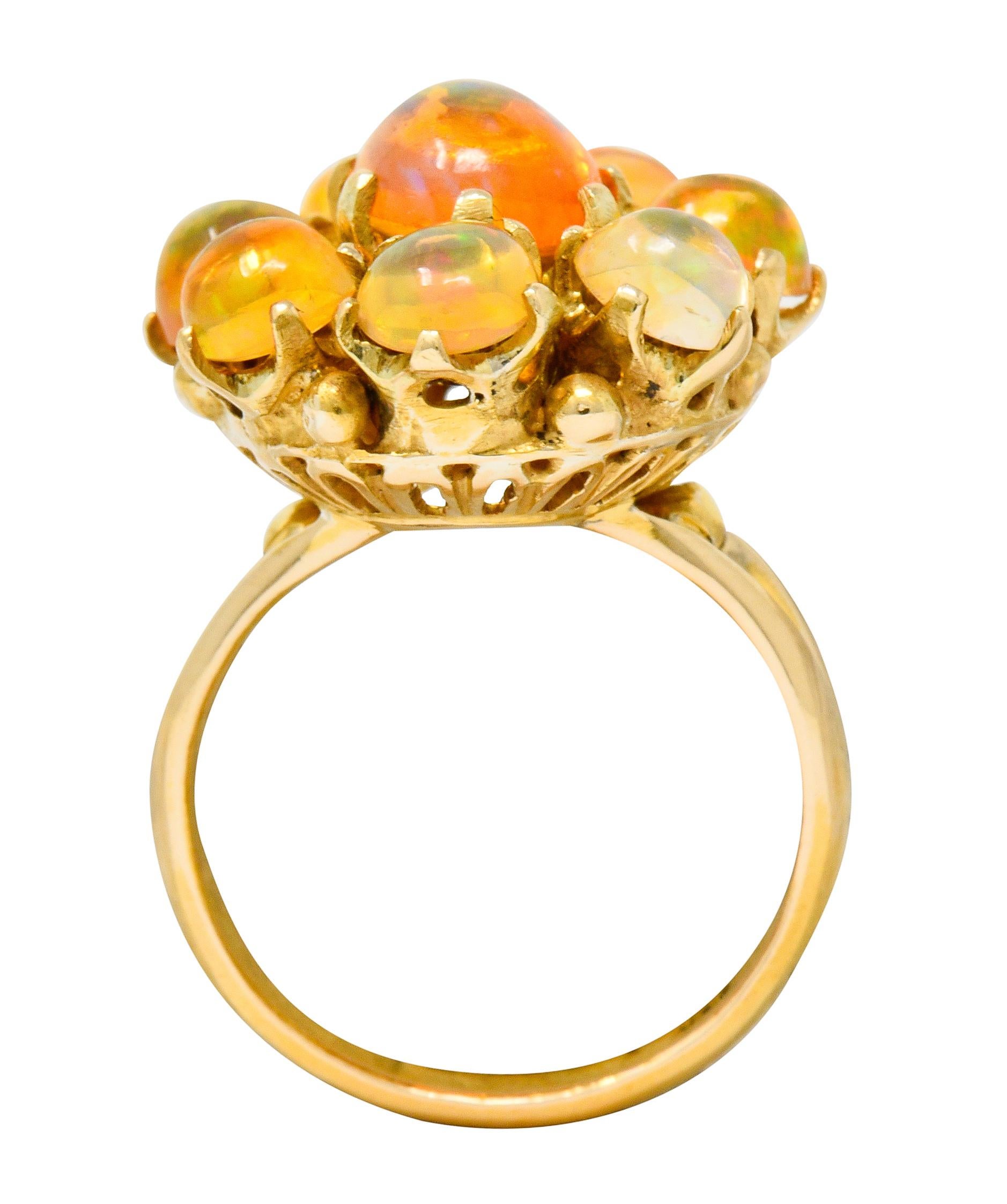 Victorian Mexican Fire Opal 14 Karat Gold Cluster Ring In Excellent Condition In Philadelphia, PA