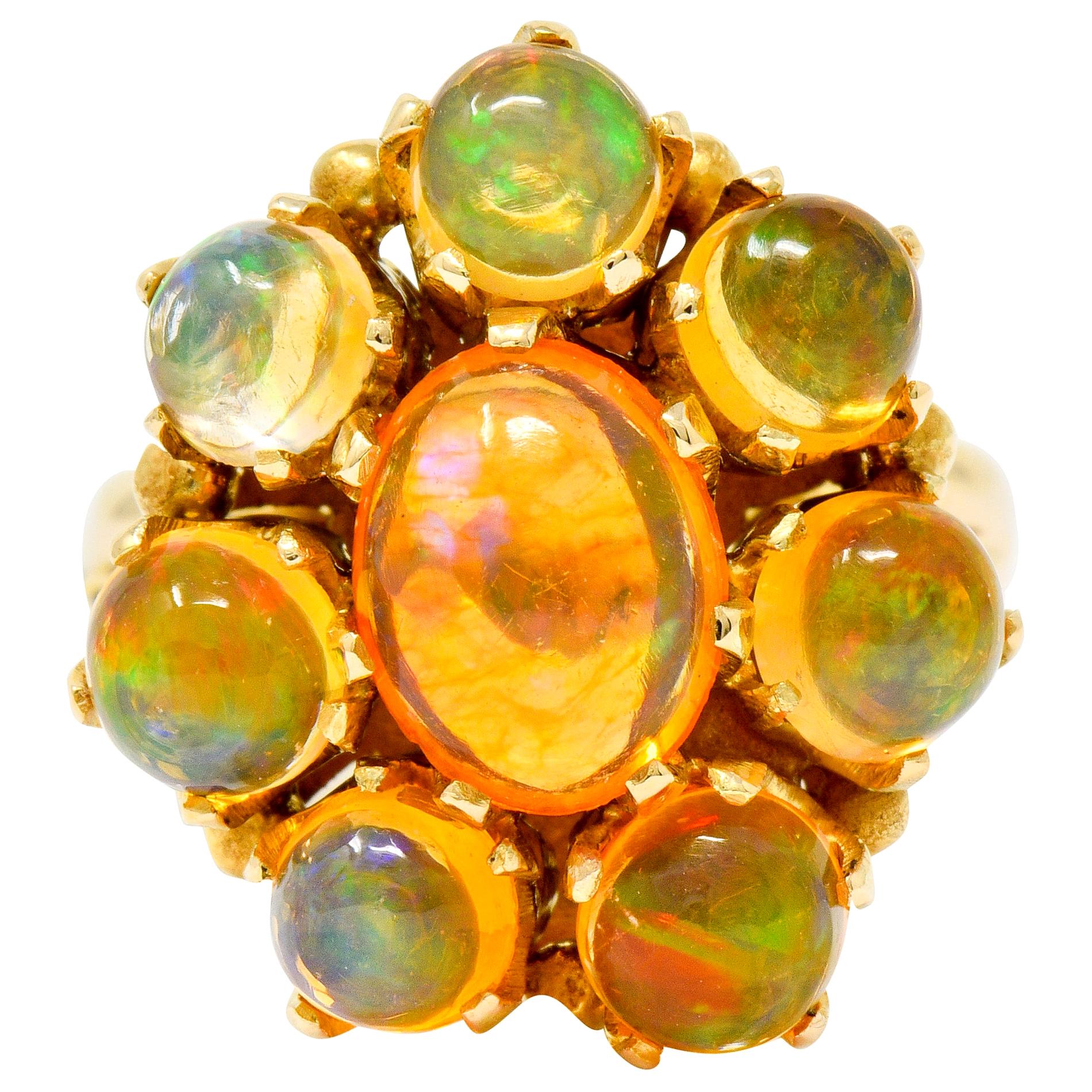 Victorian Mexican Fire Opal 14 Karat Gold Cluster Ring