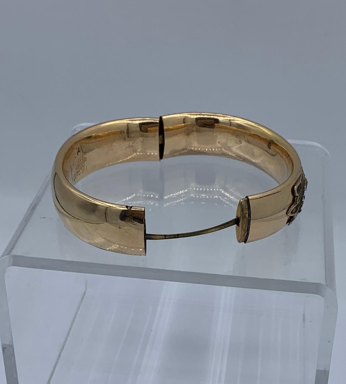 Women's or Men's Victorian MH & Co. Bangle Bracelet Gold Shell Amethyst Rhinestone Paste, c 1900 For Sale