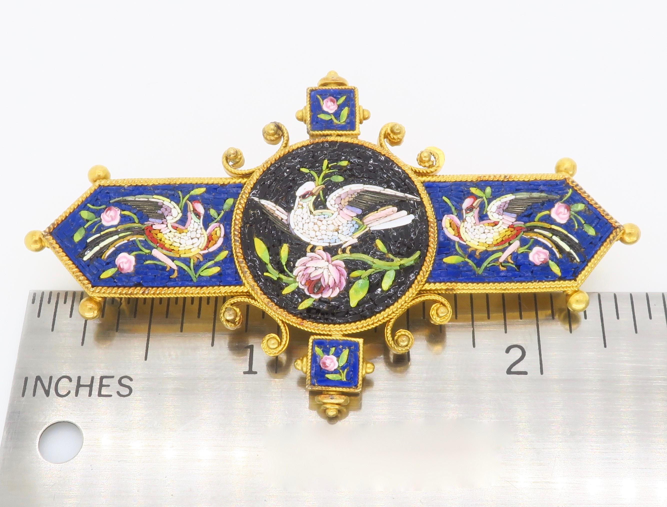 Victorian Mico-Mosaic Bird and Blooming Floral Brooch in 18k For Sale 6