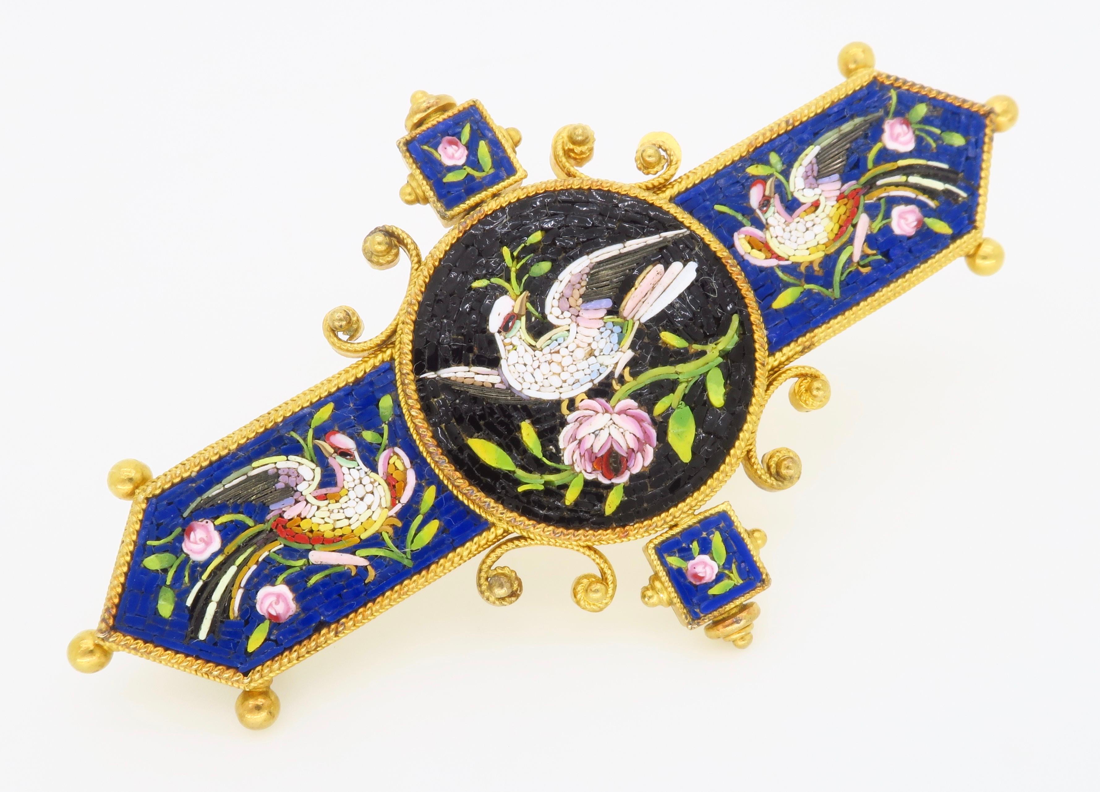 Women's or Men's Victorian Mico-Mosaic Bird and Blooming Floral Brooch in 18k For Sale
