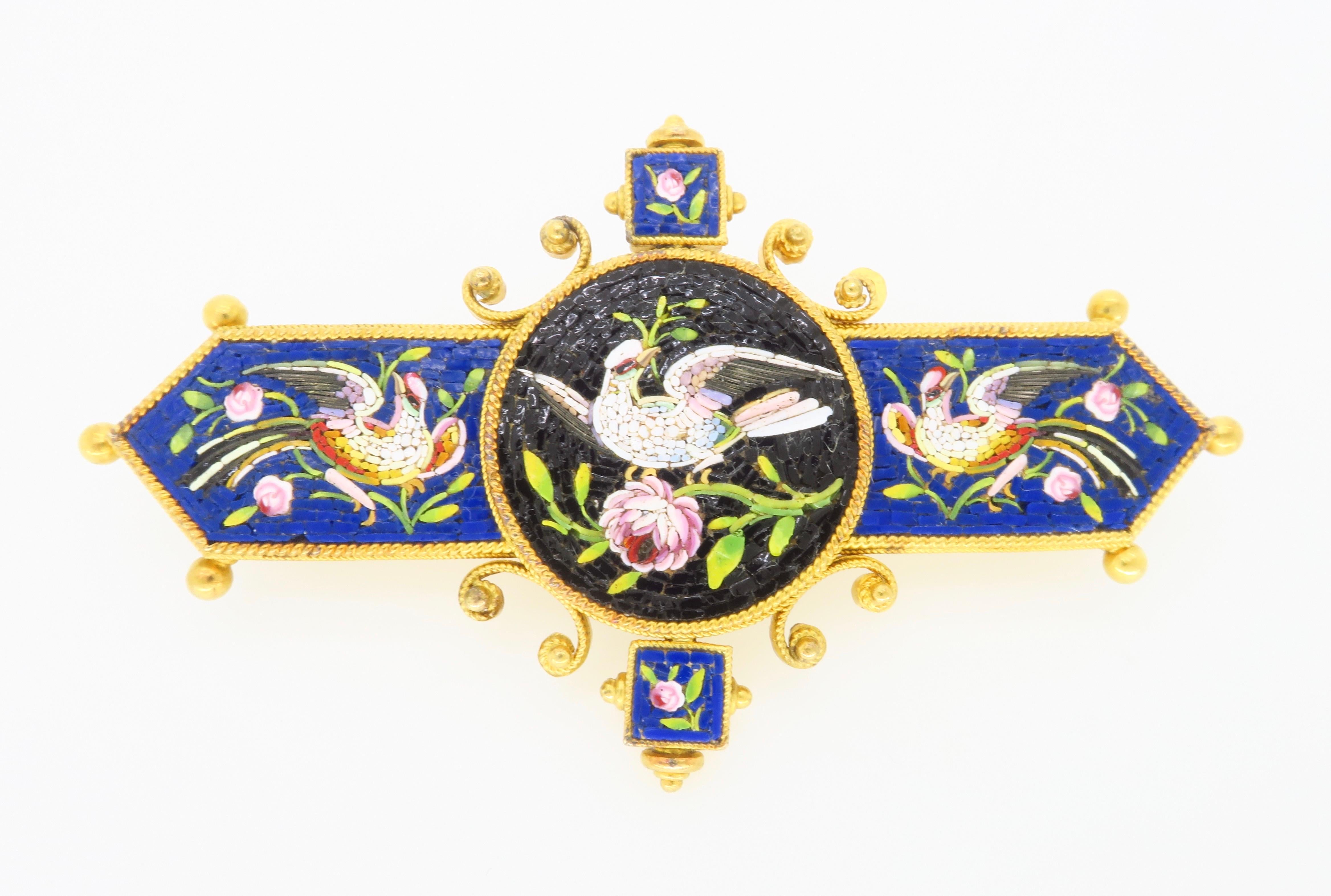 Victorian Mico-Mosaic Bird and Blooming Floral Brooch in 18k For Sale 3