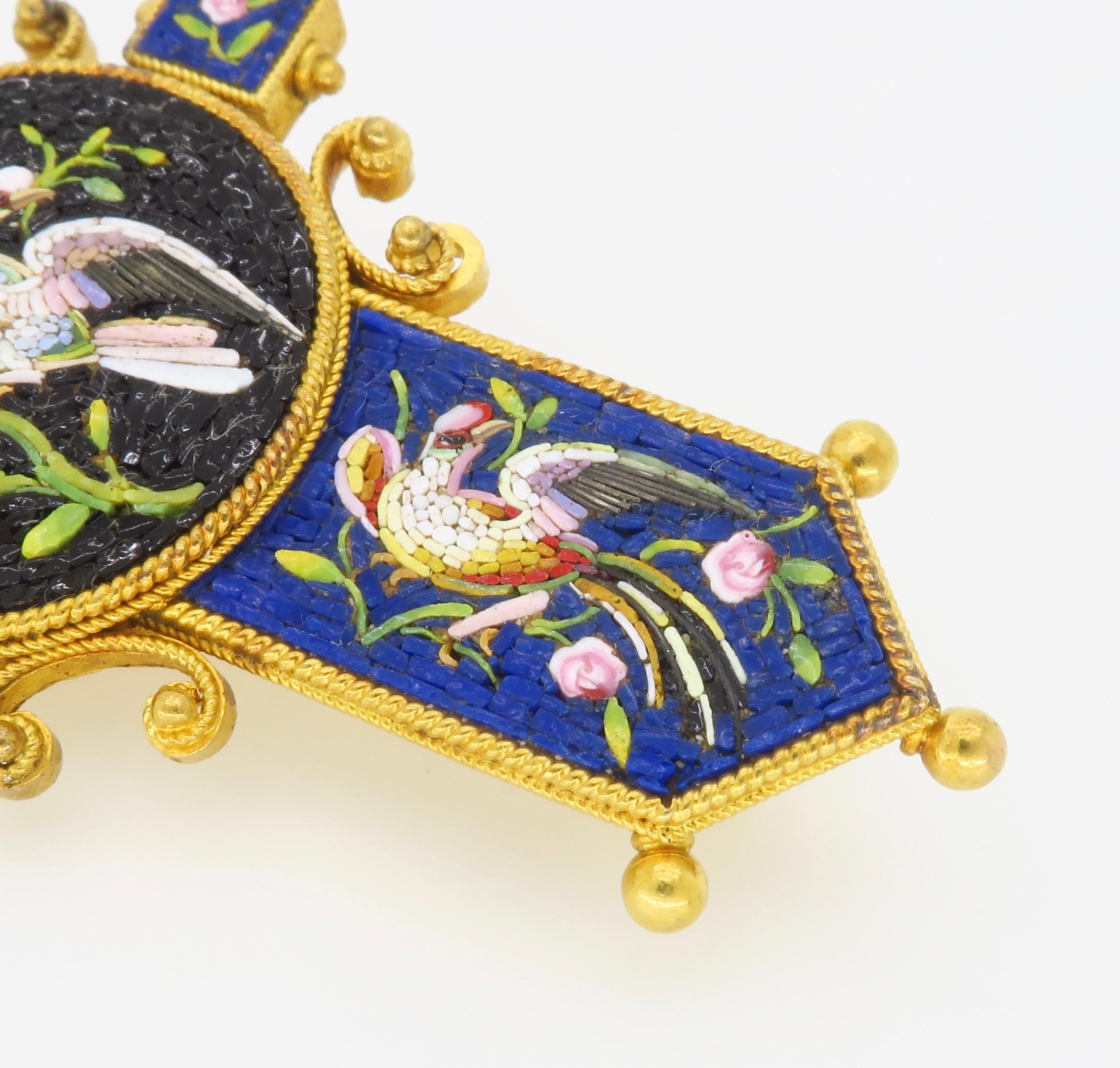 Victorian Mico-Mosaic Bird and Blooming Floral Brooch in 18k For Sale 4