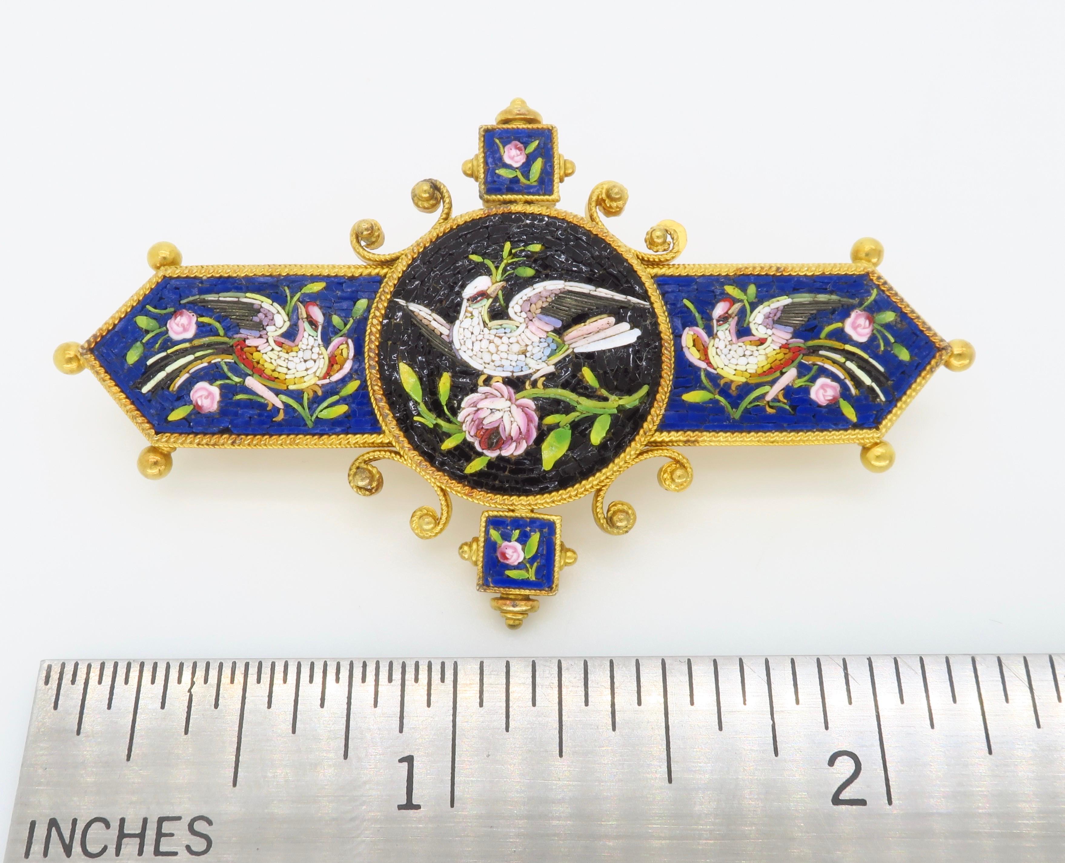 Victorian Mico-Mosaic Bird and Blooming Floral Brooch in 18k For Sale 5