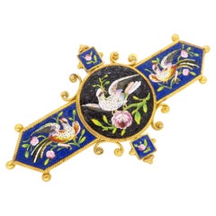 Victorian Mico-Mosaic Bird and Blooming Floral Brooch in 18k
