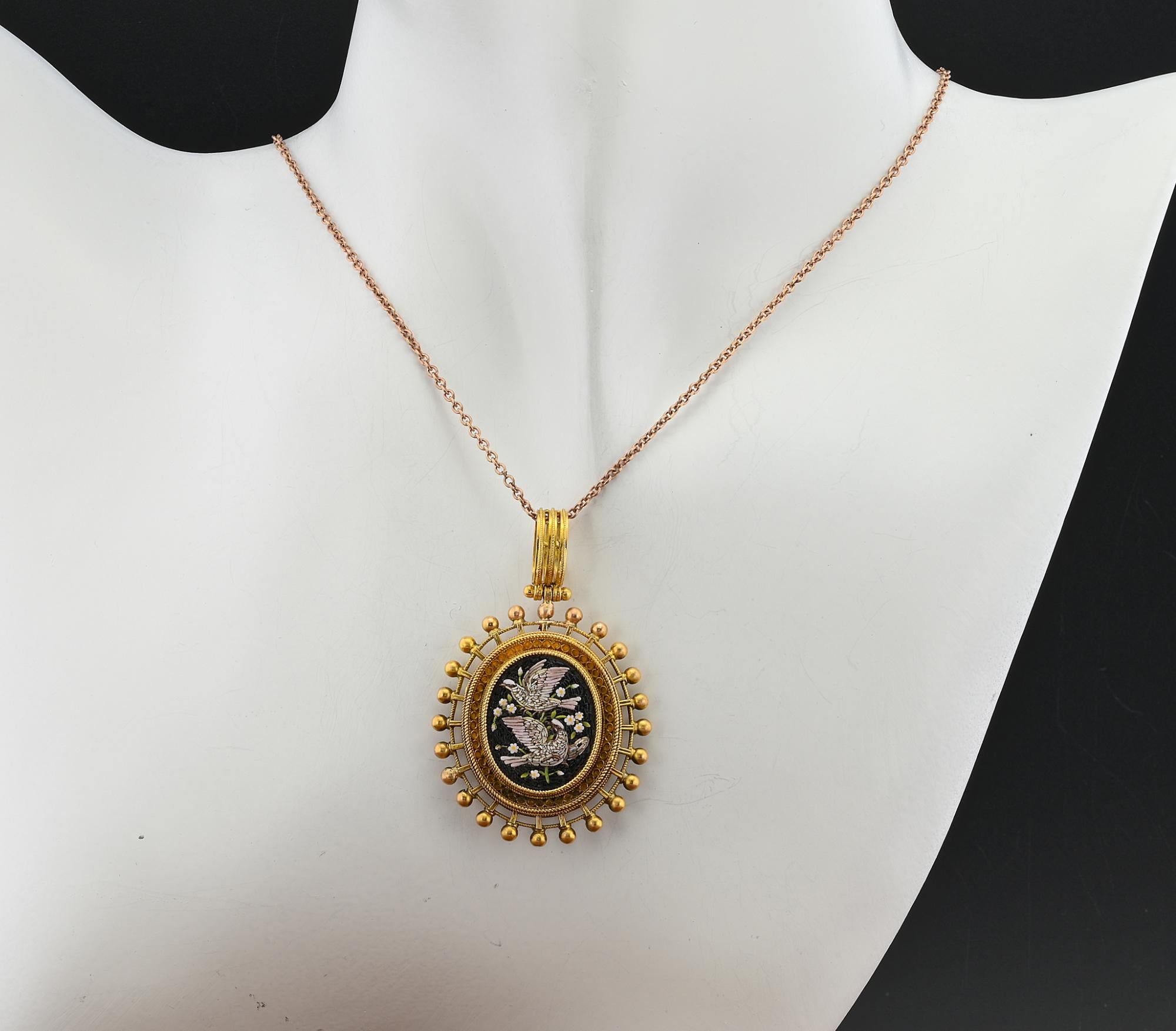 Victorian Micro mosaic Locket Pendant Etruscan revival 18 KT gold For Sale 1