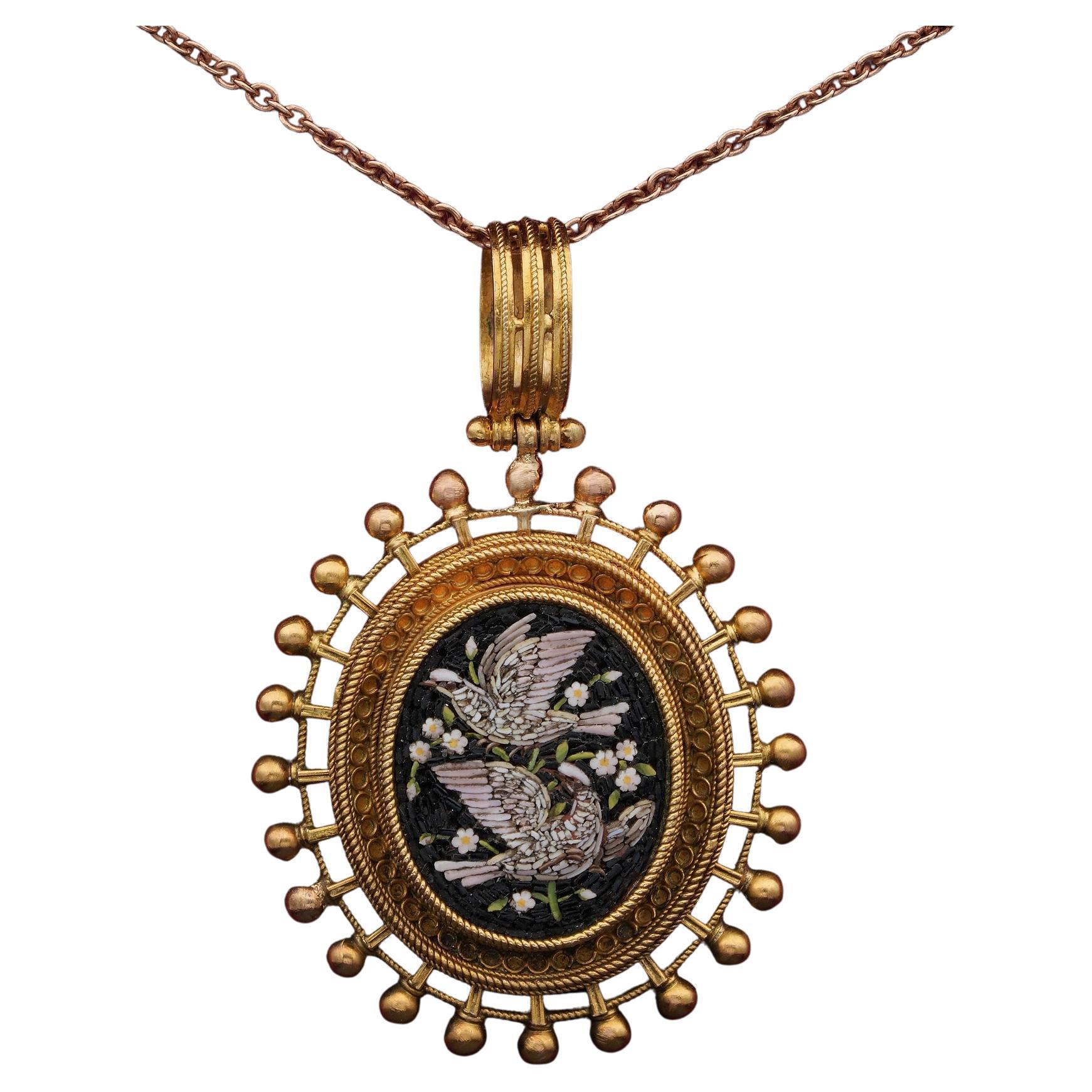 Victorian Micro mosaic Locket Pendant Etruscan revival 18 KT gold For Sale