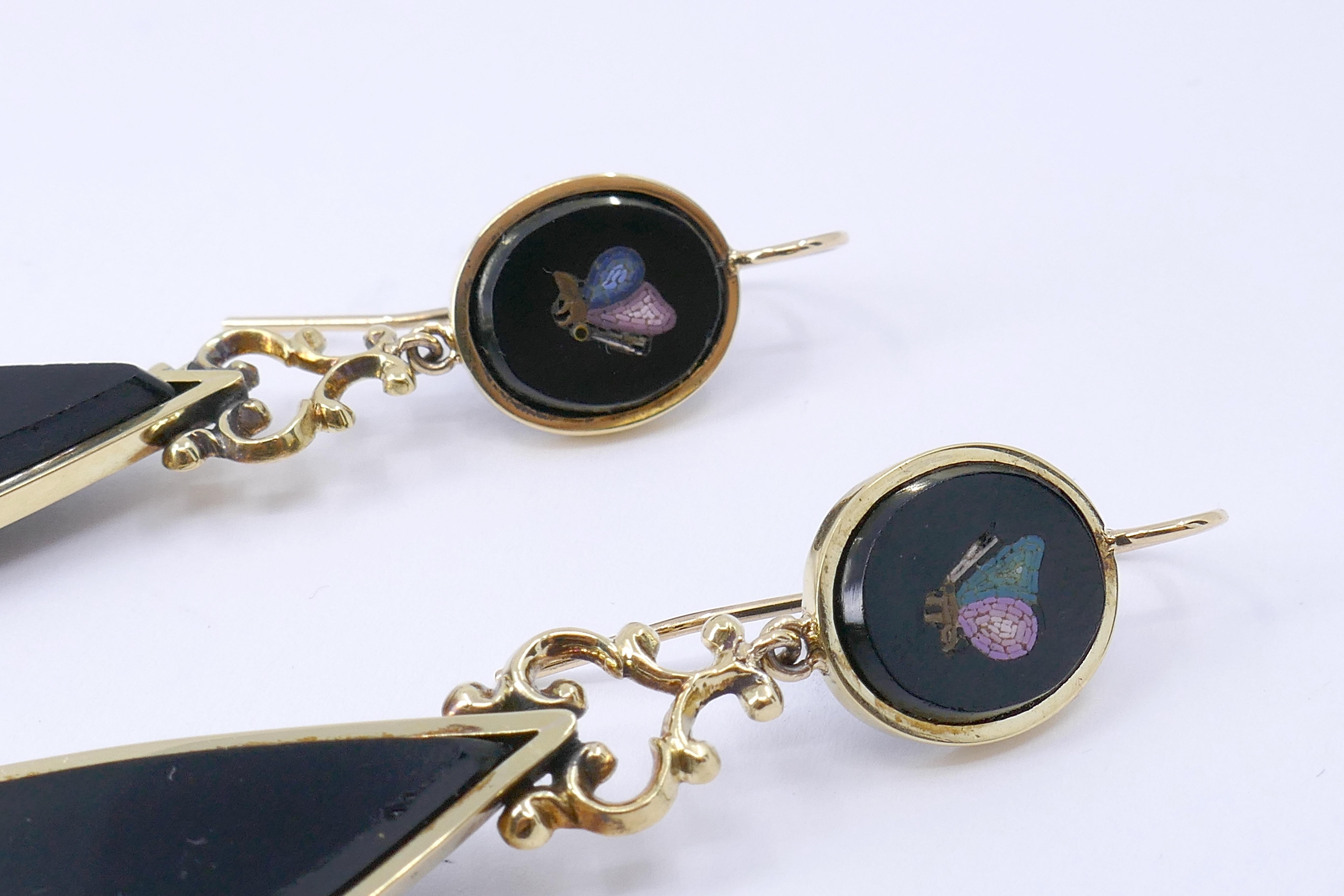 Pear Cut Victorian Micro-mosaic Onyx 14k Gold Earrings  For Sale