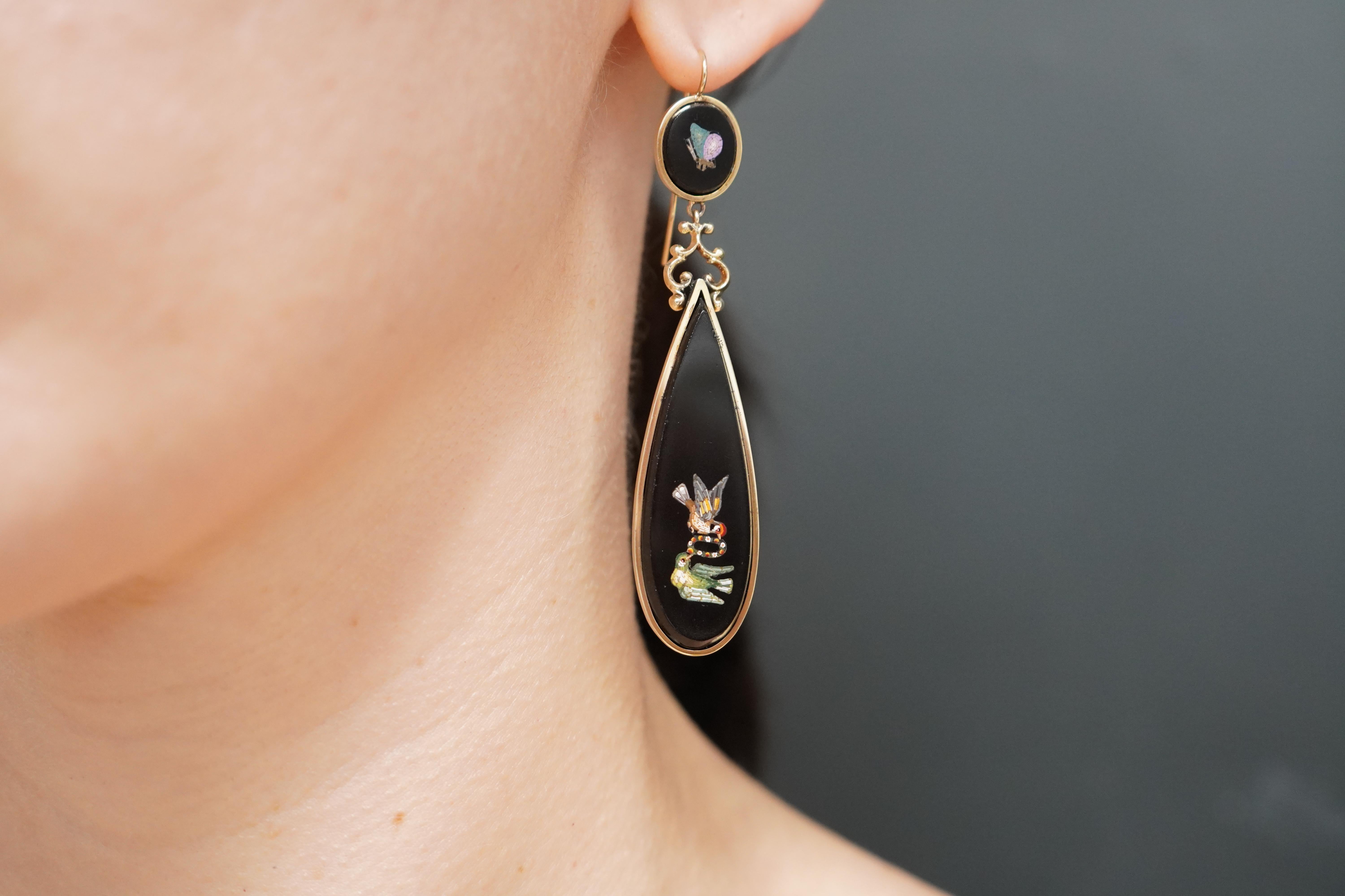 Victorian Micro-mosaic Onyx 14k Gold Earrings  For Sale 1