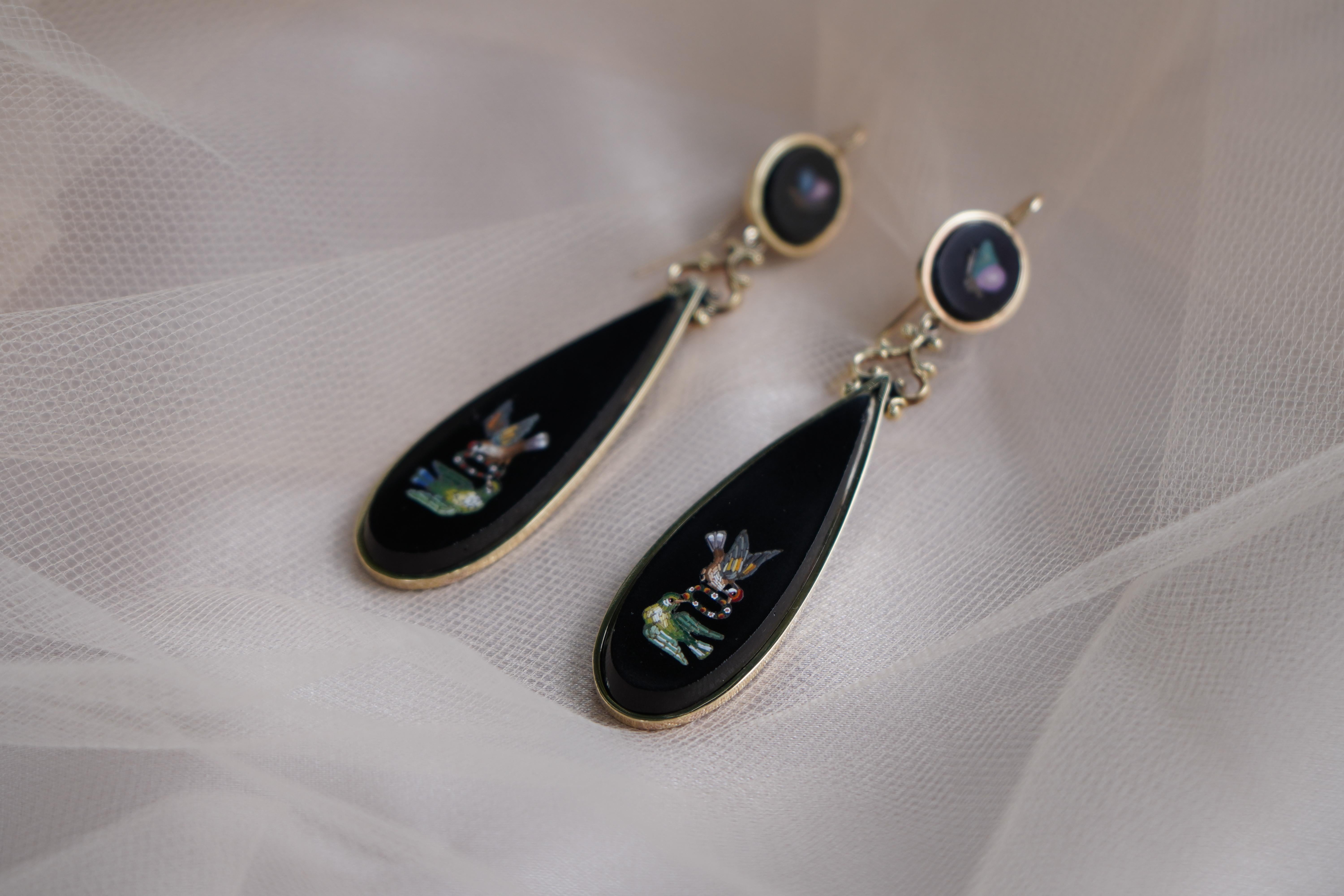 Victorian Micro-mosaic Onyx 14k Gold Earrings  For Sale 2