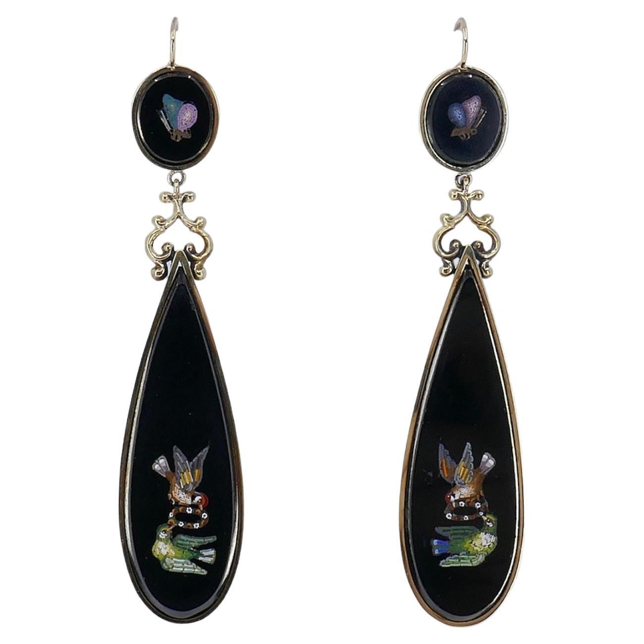 Victorian Micro-mosaic Onyx 14k Gold Earrings  For Sale