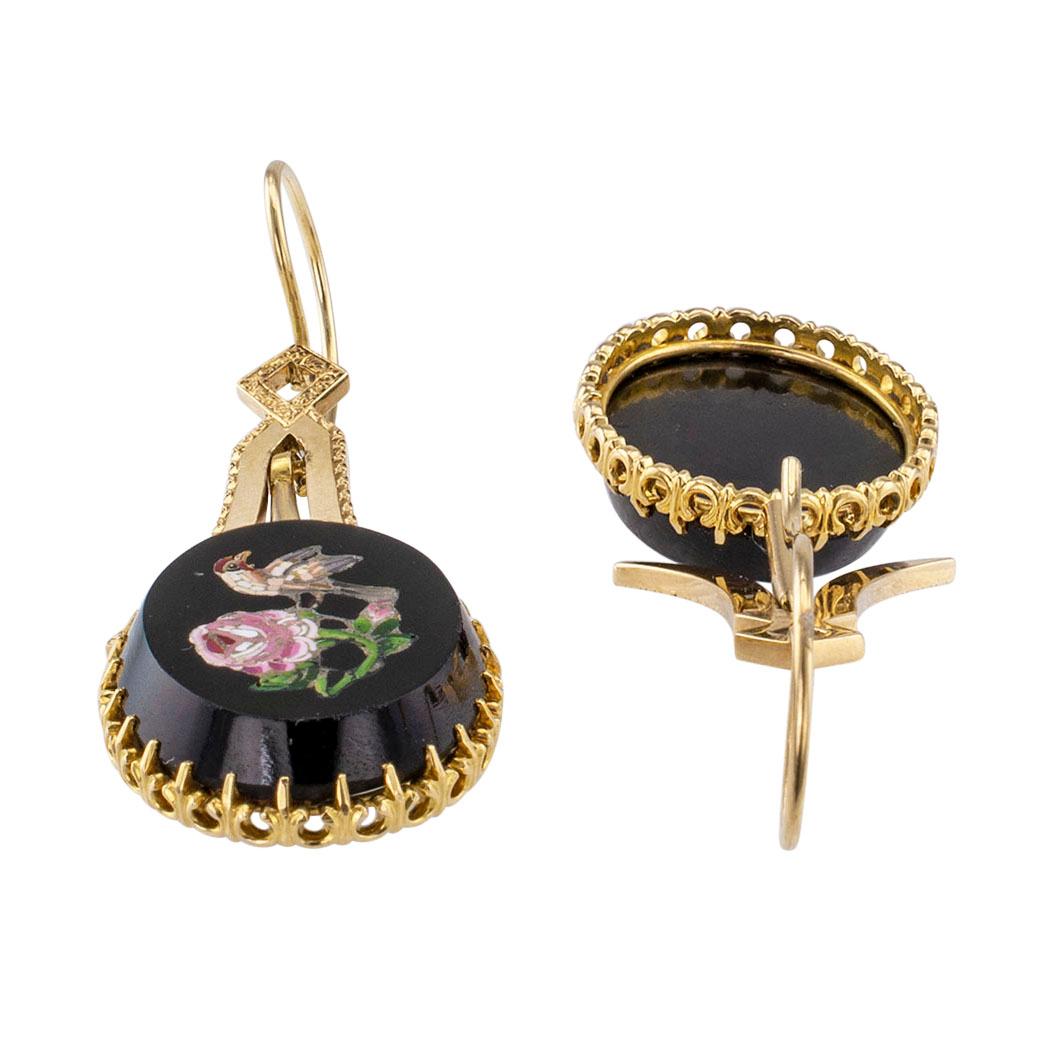 Victorian Micro Mosaic Onyx Gold Pendent Drop Earrings In Good Condition In Los Angeles, CA