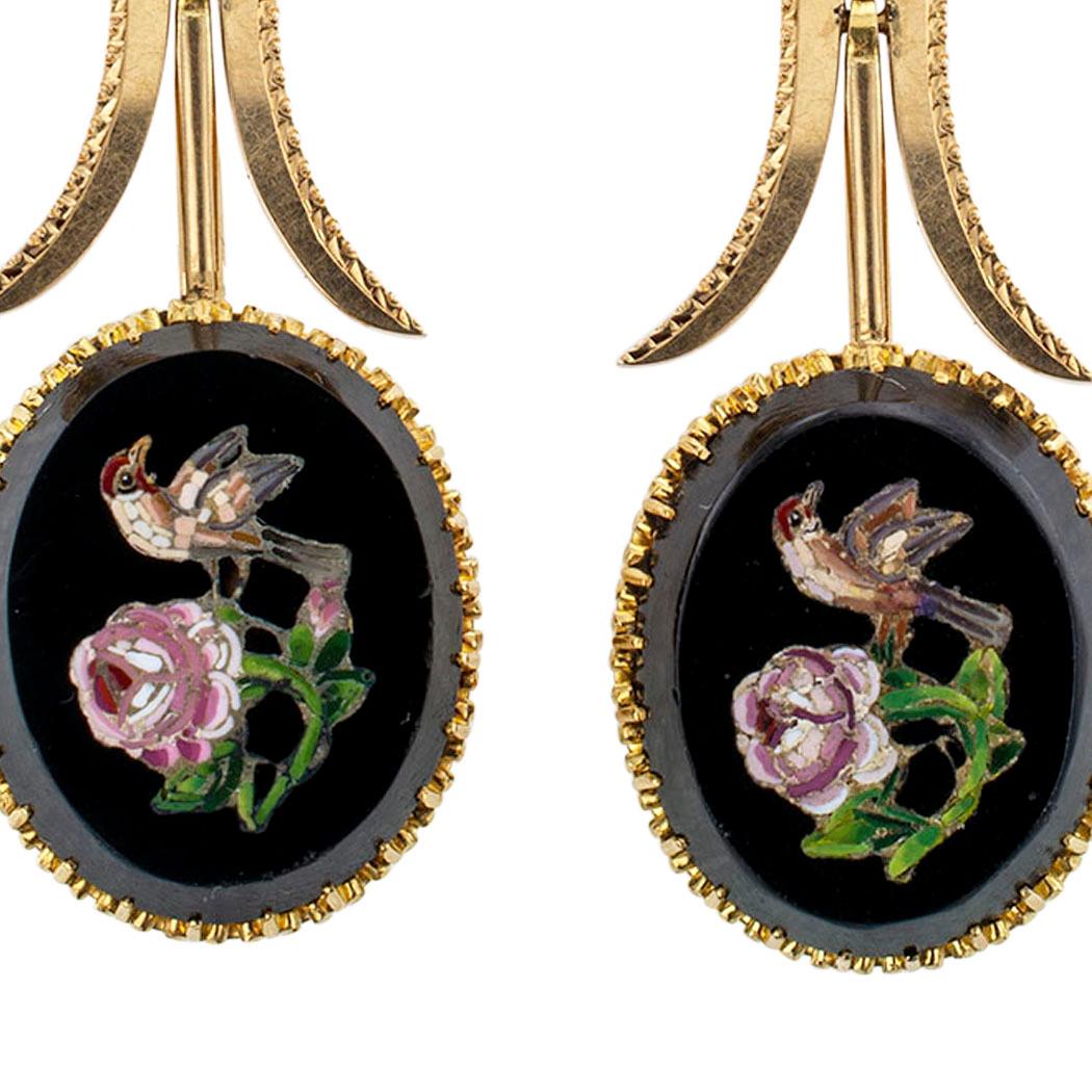 Women's Victorian Micro Mosaic Onyx Gold Pendent Drop Earrings