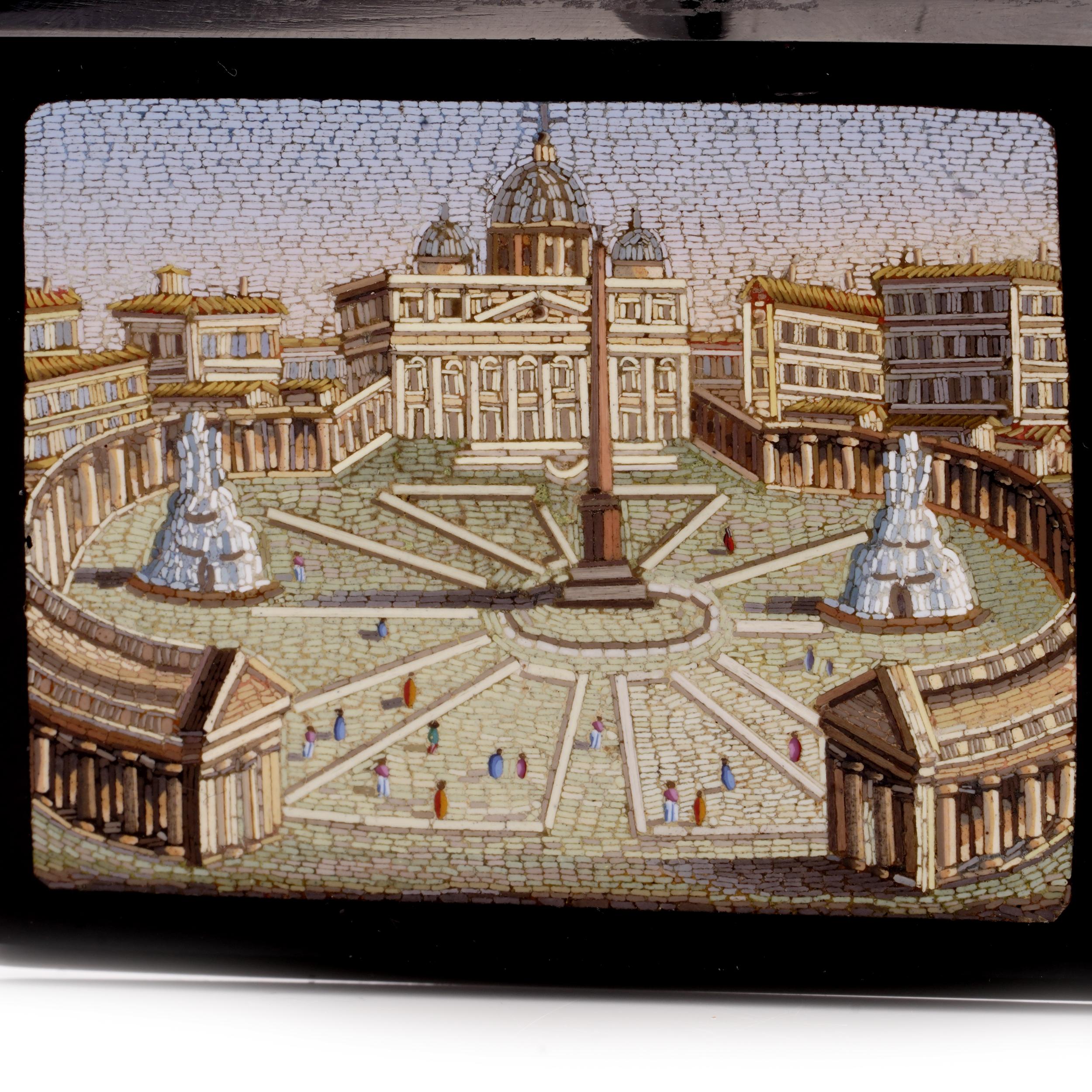Unmounted Victorian Era Italian Grand Tour Micro Mosaic plaque, featuring a Vatican City, St. Peter's Square.  
Early 19th Century.  
The micro mosaic is mounted into black marble plaque. 

Dimensions:
Length x width x height: 49 mm x 39 mm x 5 mm