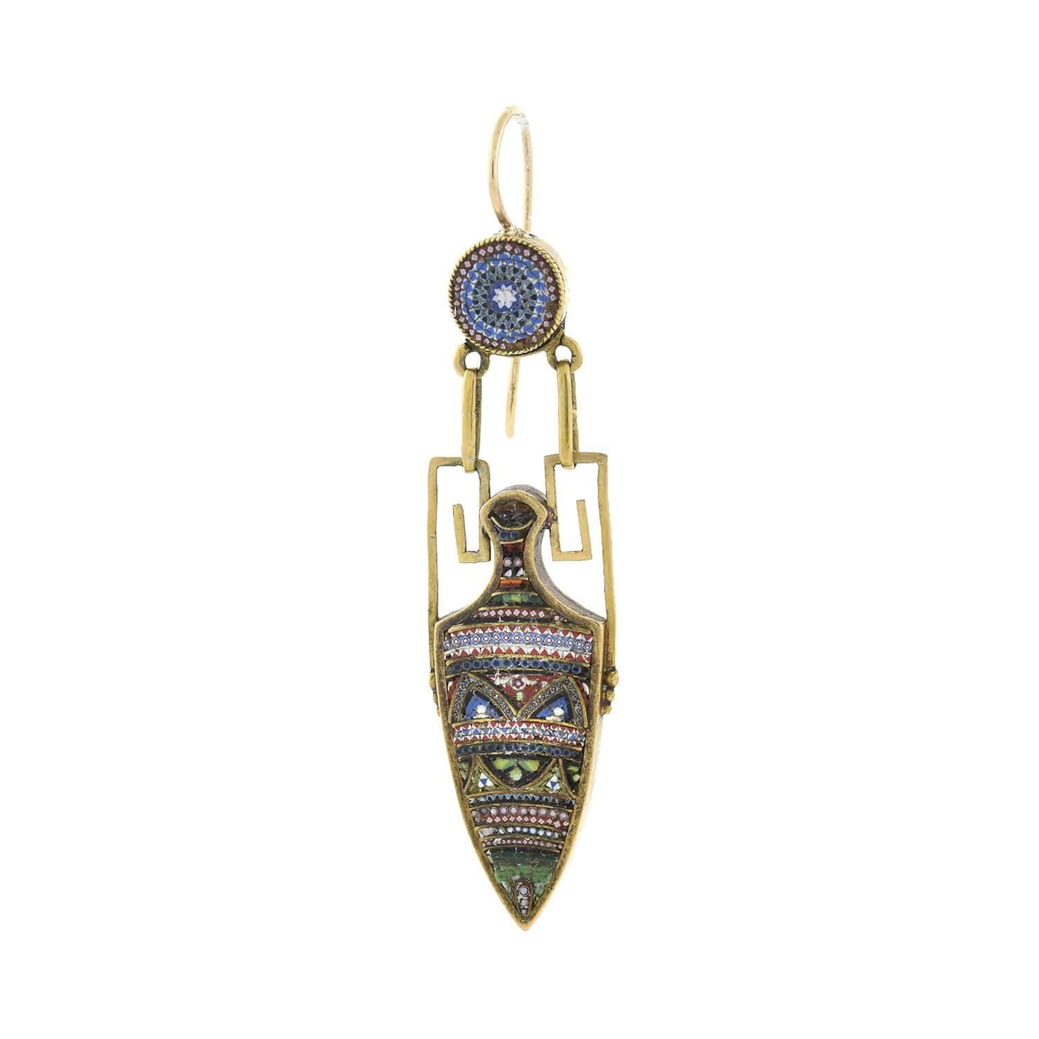 A breathtaking pair of earrings from the Victorian (ca1880s) era! Crafted in 18kt yellow gold, these earrings begin with a simple 14kt earring wire atop a micromosaic surmount. The surmount displays concentric patterns of red, white, blue, and black