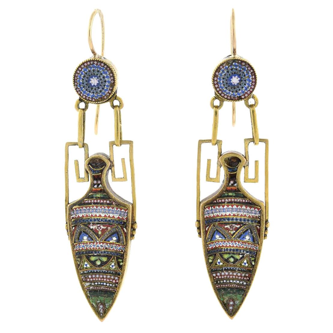 Victorian Micro Mosaic Urn Dangle Earrings