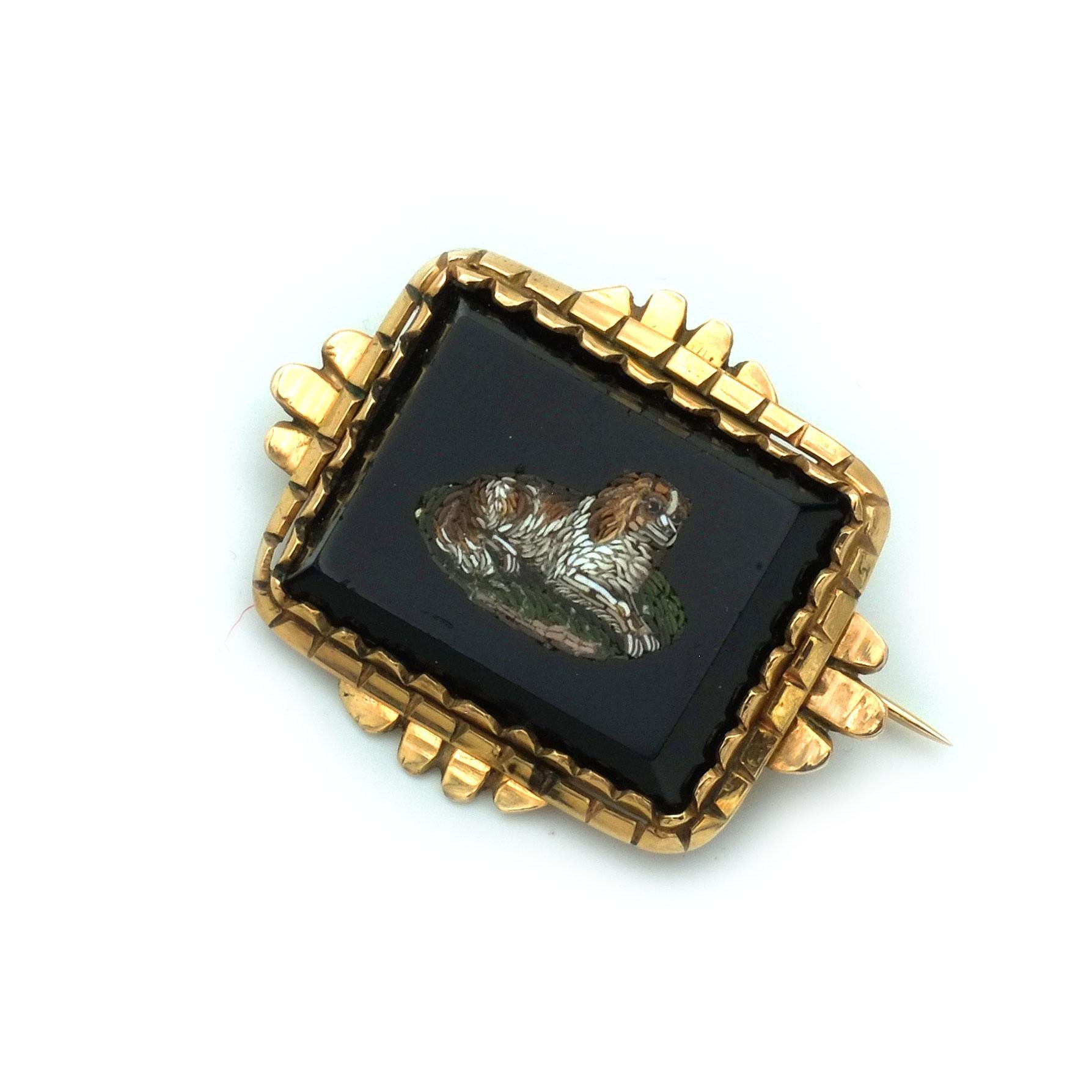 Square Cut Victorian Micromosaic 14K Gold Brooch Depicting a King Charles Spaniel c. 1870 For Sale