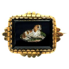 Victorian Micromosaic 14K Gold Brooch Depicting a King Charles Spaniel c. 1870