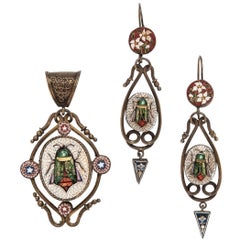 Victorian Micromosaic Beetle Earring and Pendant Suite