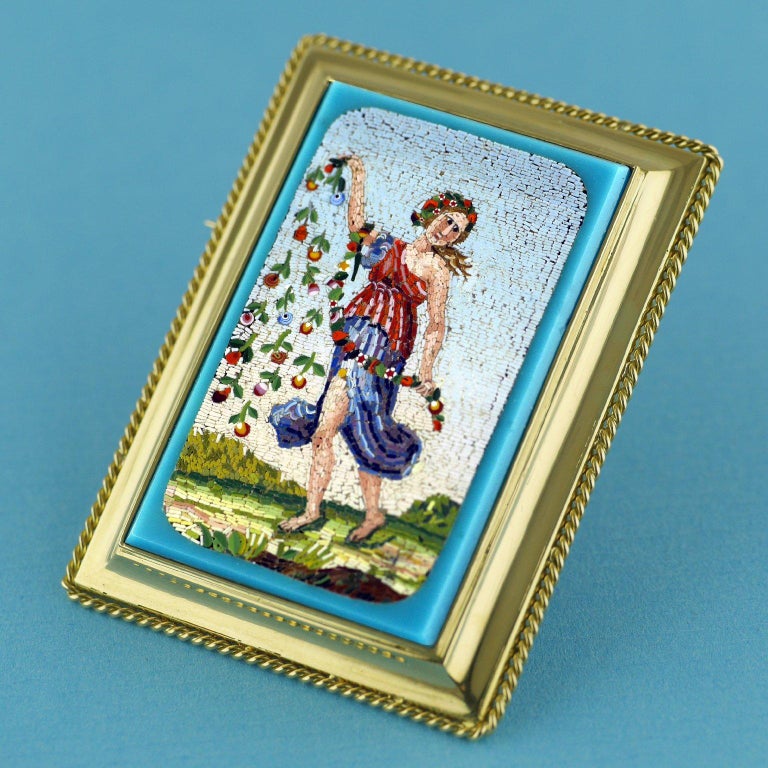 Early Victorian Victorian Micromosaic Brooch Depicting Flora Goddess of Spring, circa 1850 For Sale