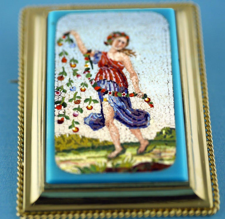 Women's Victorian Micromosaic Brooch Depicting Flora Goddess of Spring, circa 1850 For Sale