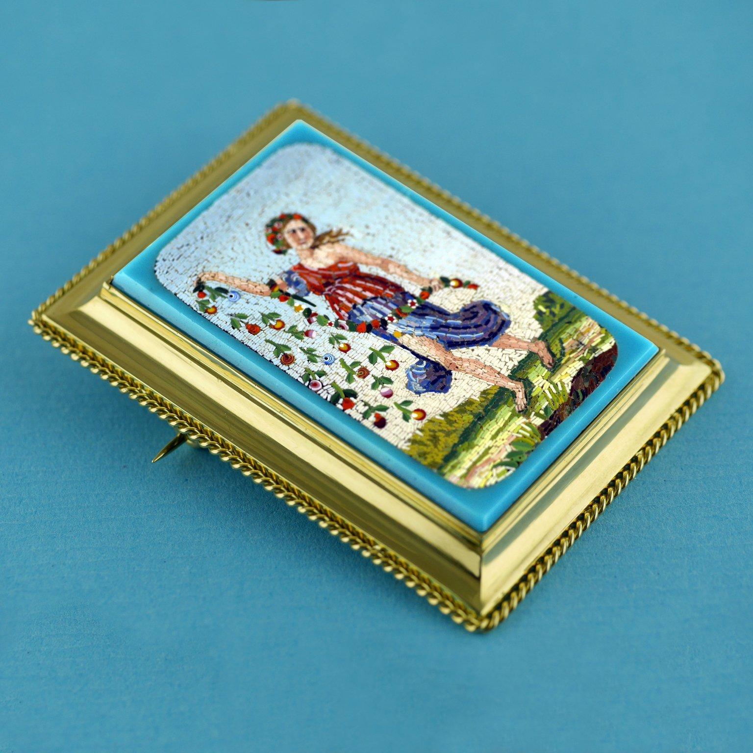 Early Victorian Victorian Micromosaic Brooch Depicting Flora Goddess of Spring, circa 1850