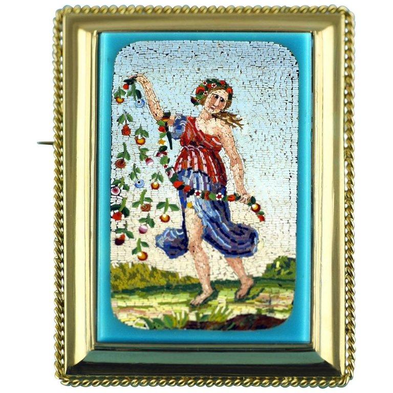 Victorian Micromosaic Brooch Depicting Flora Goddess of Spring, circa 1850 For Sale