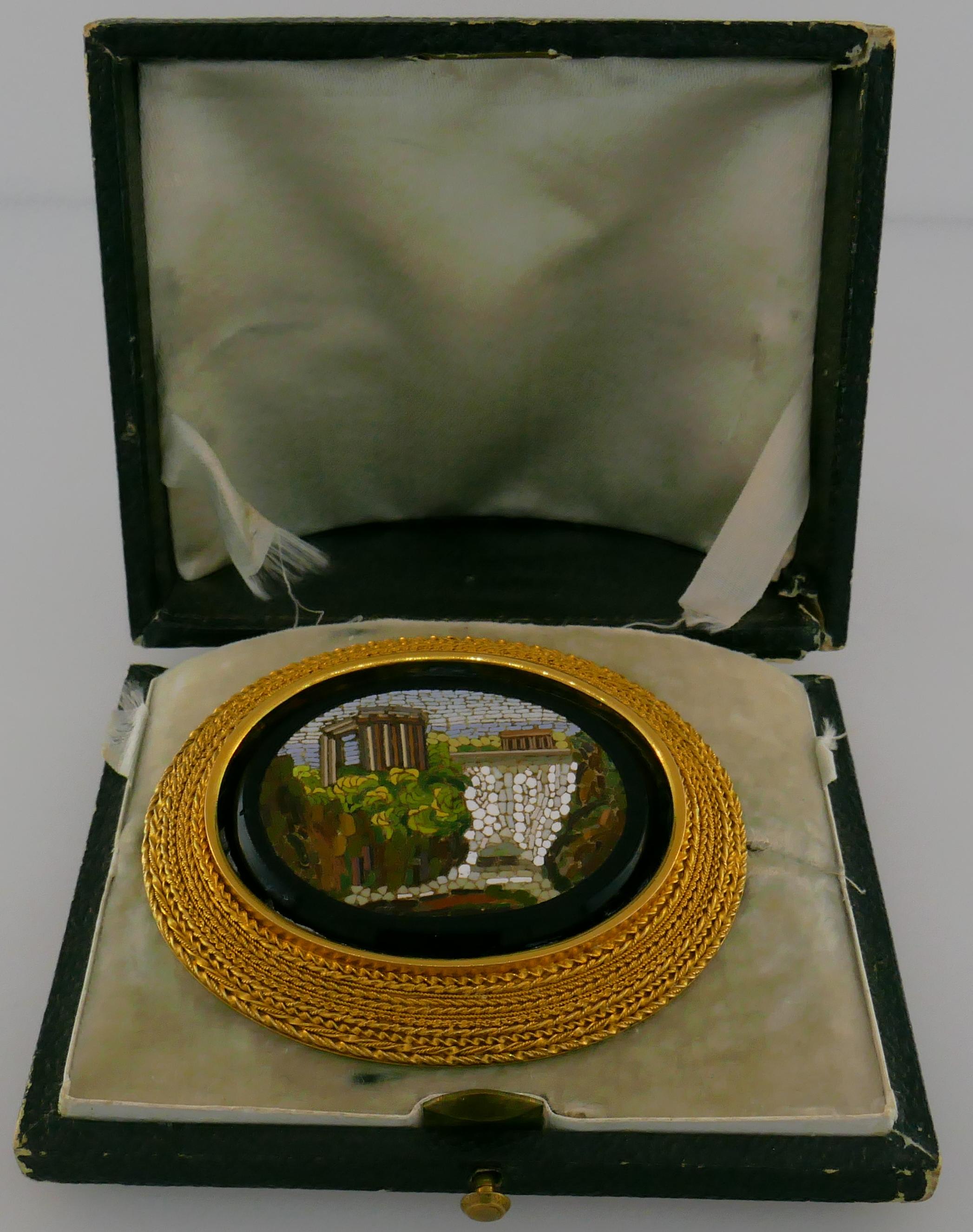 Victorian Micromosaics Yellow Gold Pin Brooch Clip Fitted Box Stamped WL Sweden 1