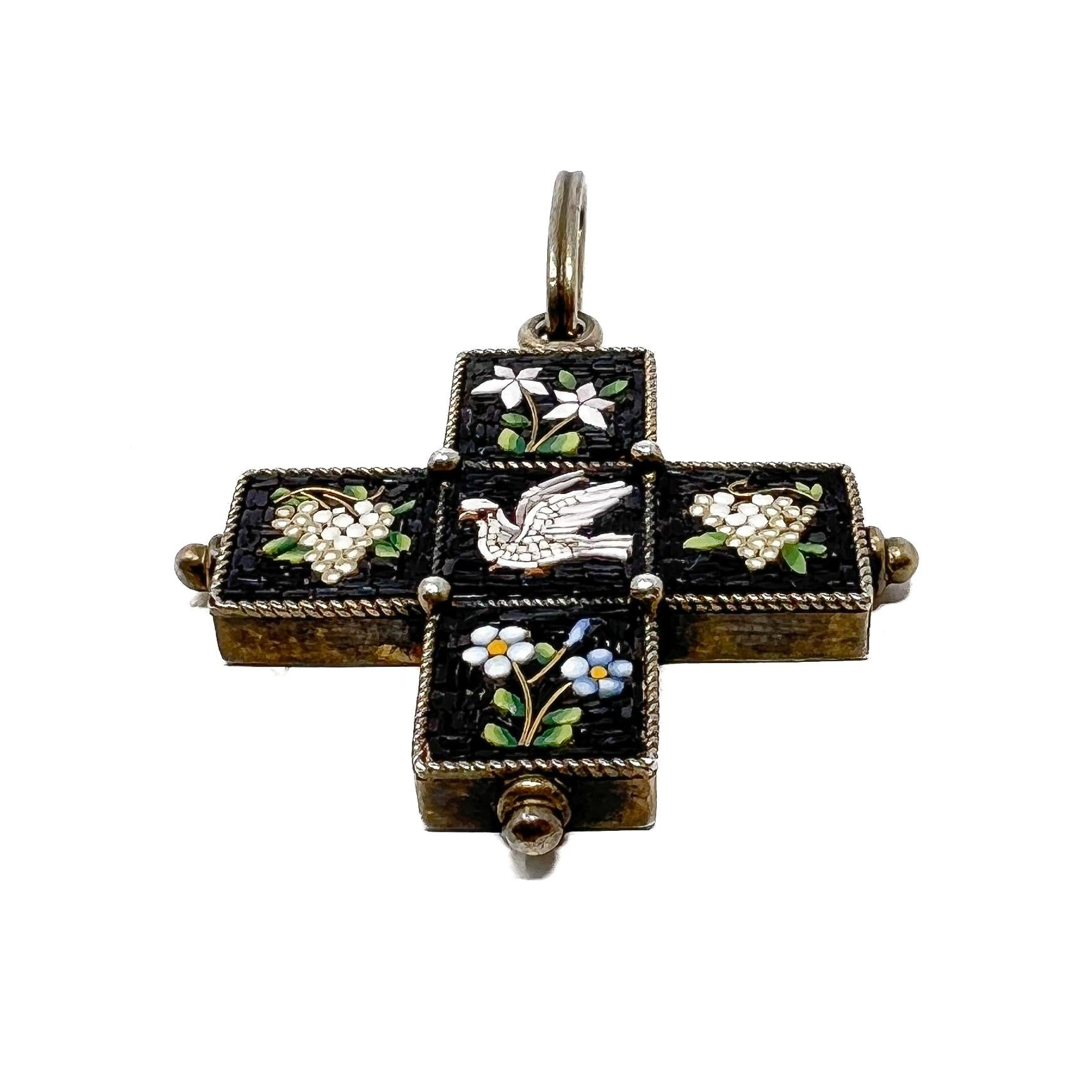 Women's or Men's Victorian Mid-1800s Italian Silver and Micro-Mosaic Antique Cross Pendant