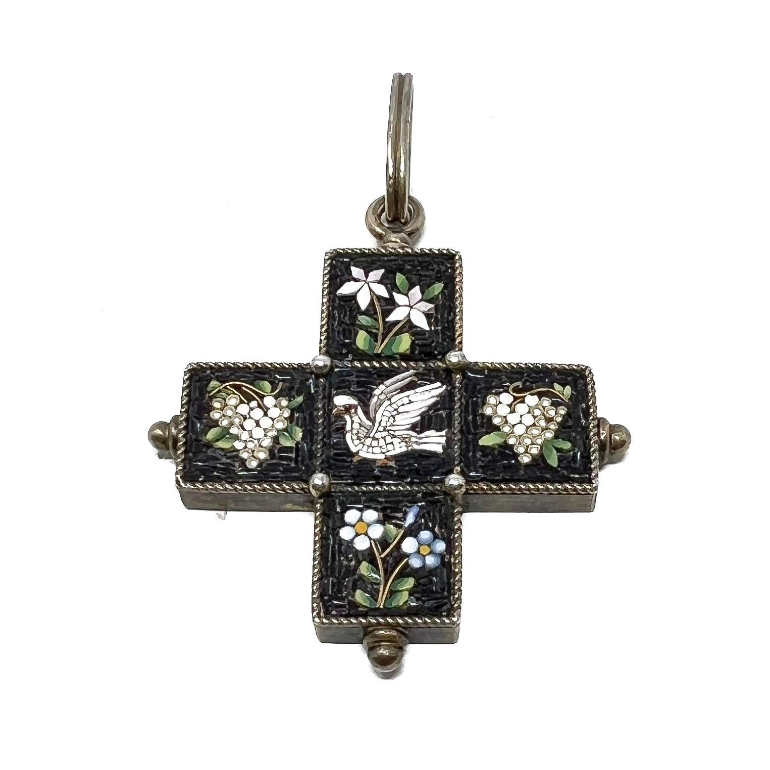 Victorian Mid-1800s Italian Silver and Micro-Mosaic Antique Cross Pendant 1