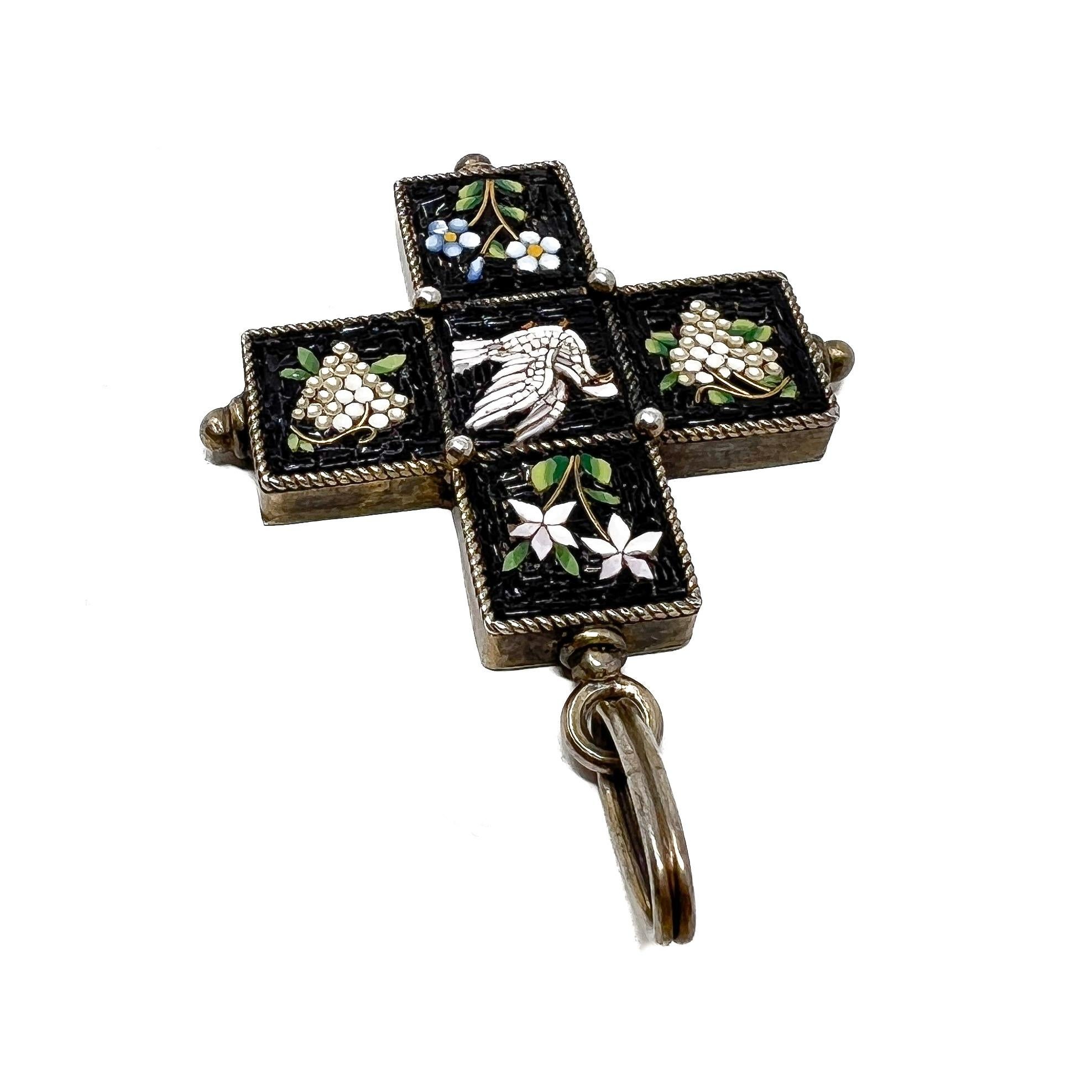 Victorian Mid-1800s Italian Silver and Micro-Mosaic Antique Cross Pendant 2