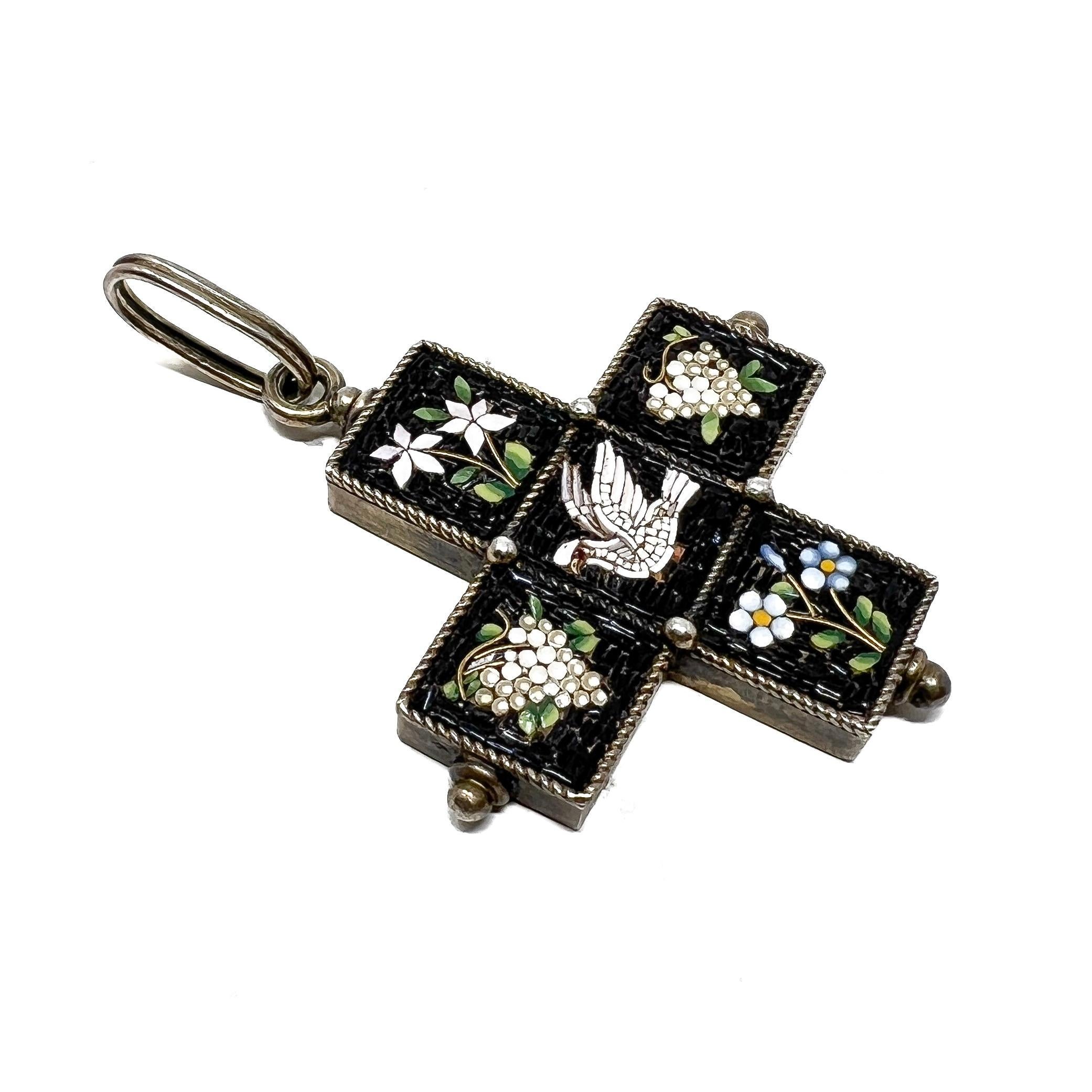 Victorian Mid-1800s Italian Silver and Micro-Mosaic Antique Cross Pendant 3