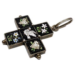 Victorian Mid-1800s Italian Silver and Micro-Mosaic Antique Cross Pendant