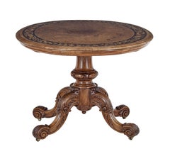 Victorian Mid 19th Century Oval Carved Walnut Inlaid Tilt Top Table