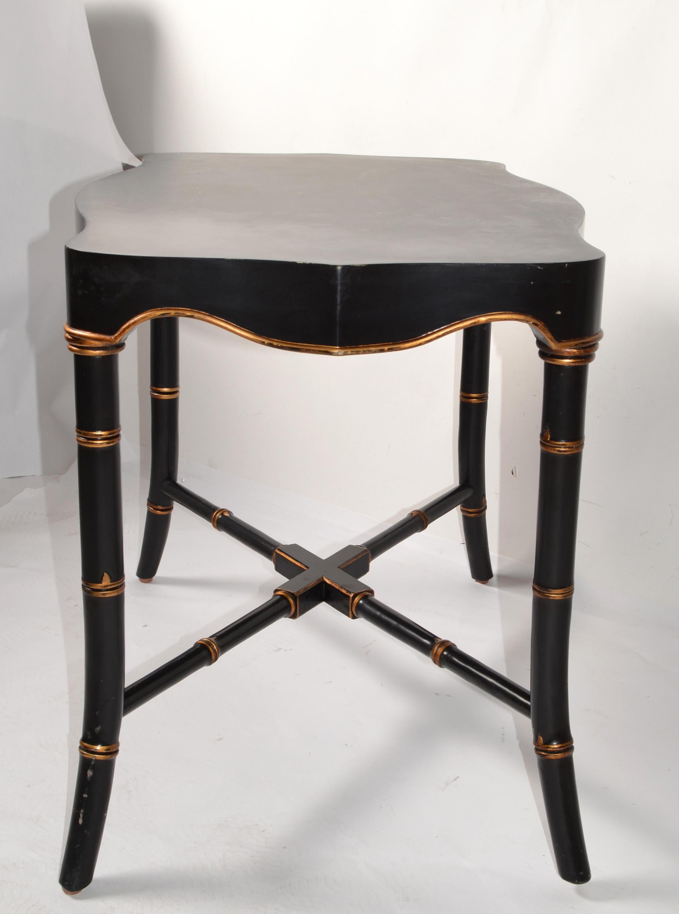 Victorian Mid-20th Century Black Gold Finish Accent Table Faux Bamboo Cross Base For Sale 10