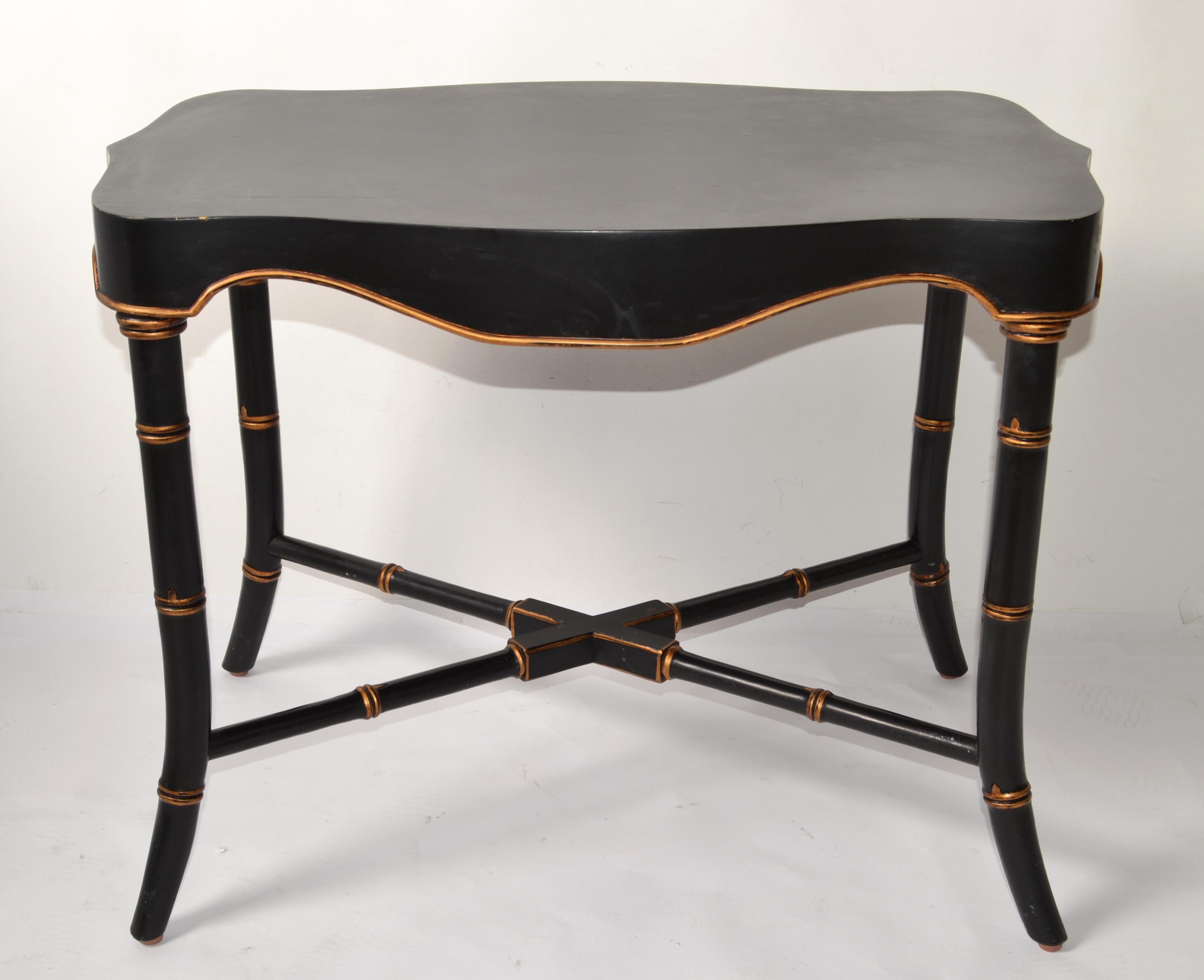 Victorian Mid-20th Century Black Gold Finish Accent Table Faux Bamboo Cross Base For Sale 11