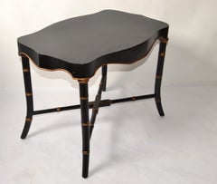Victorian Mid-20th Century Black Gold Finish Accent Table Faux Bamboo Cross Base