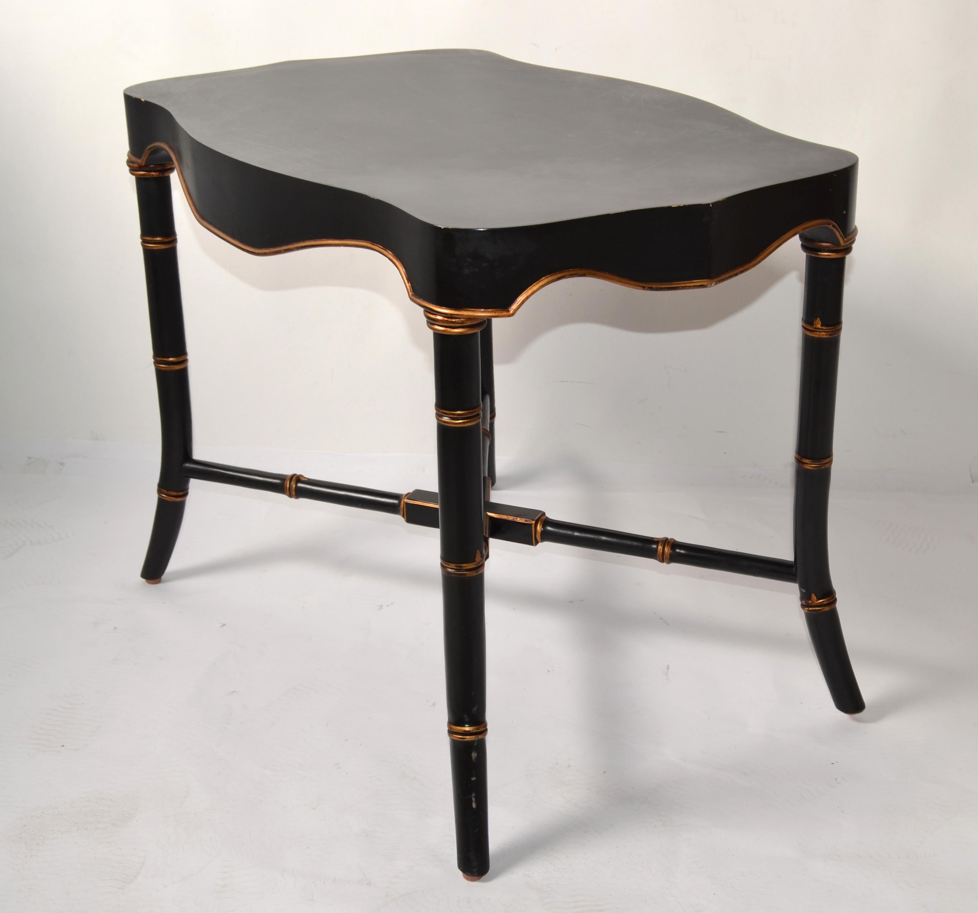 Hand-Crafted Victorian Mid-20th Century Black Gold Finish Accent Table Faux Bamboo Cross Base For Sale