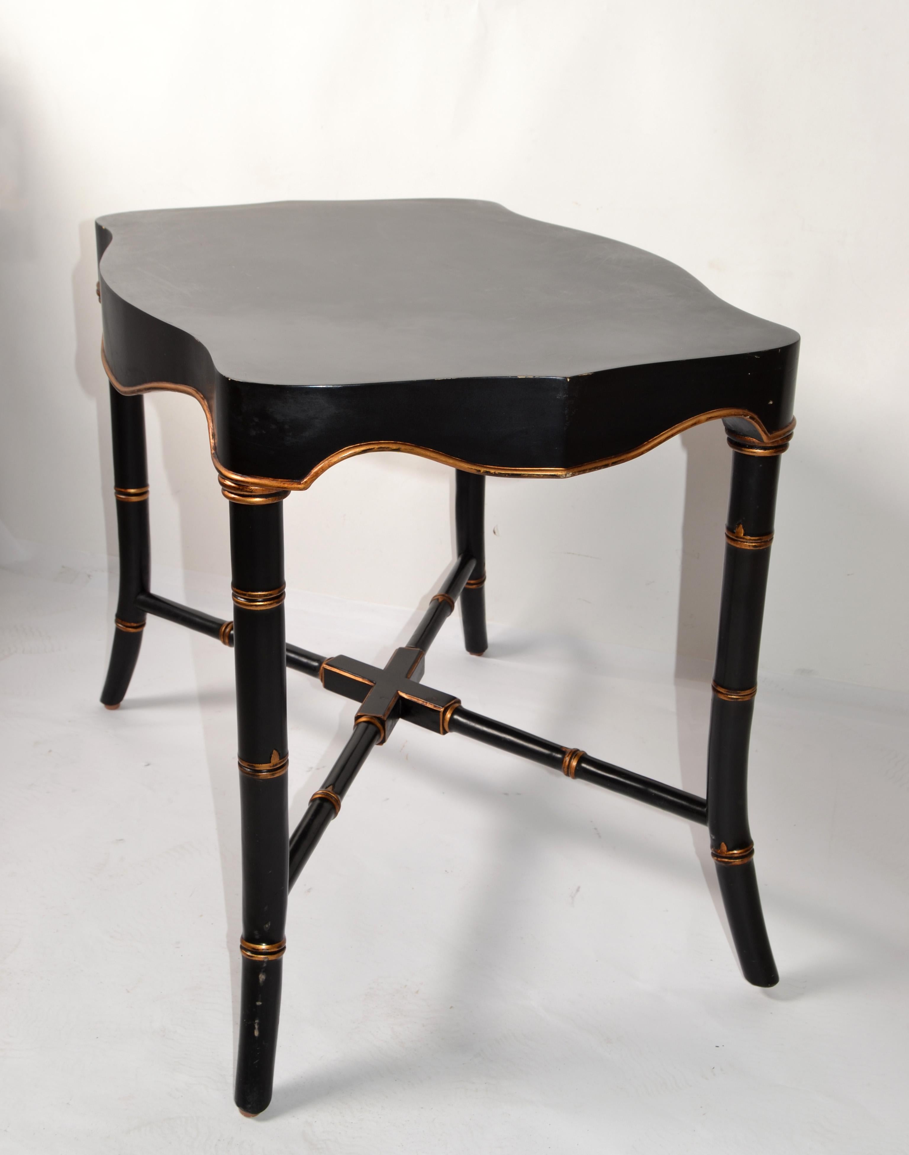 Victorian Mid-20th Century Black Gold Finish Accent Table Faux Bamboo Cross Base For Sale 1