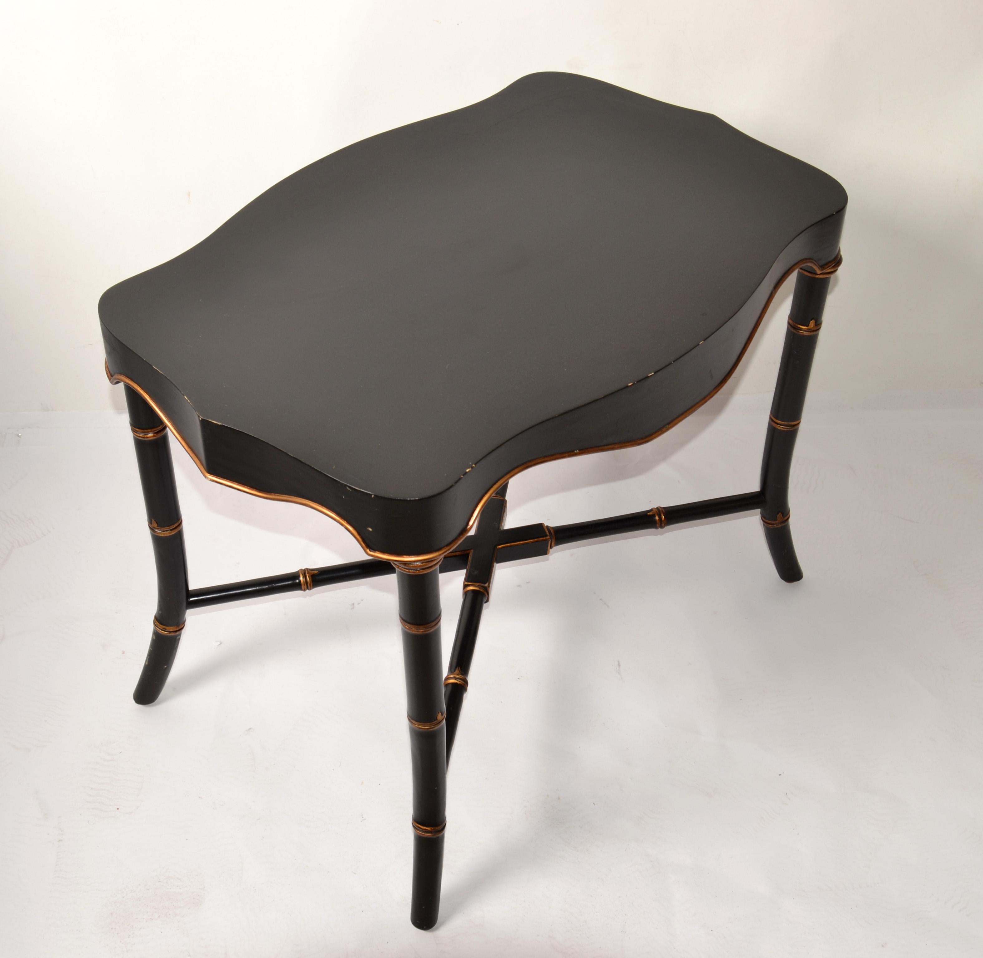 Victorian Mid-20th Century Black Gold Finish Accent Table Faux Bamboo Cross Base For Sale 5