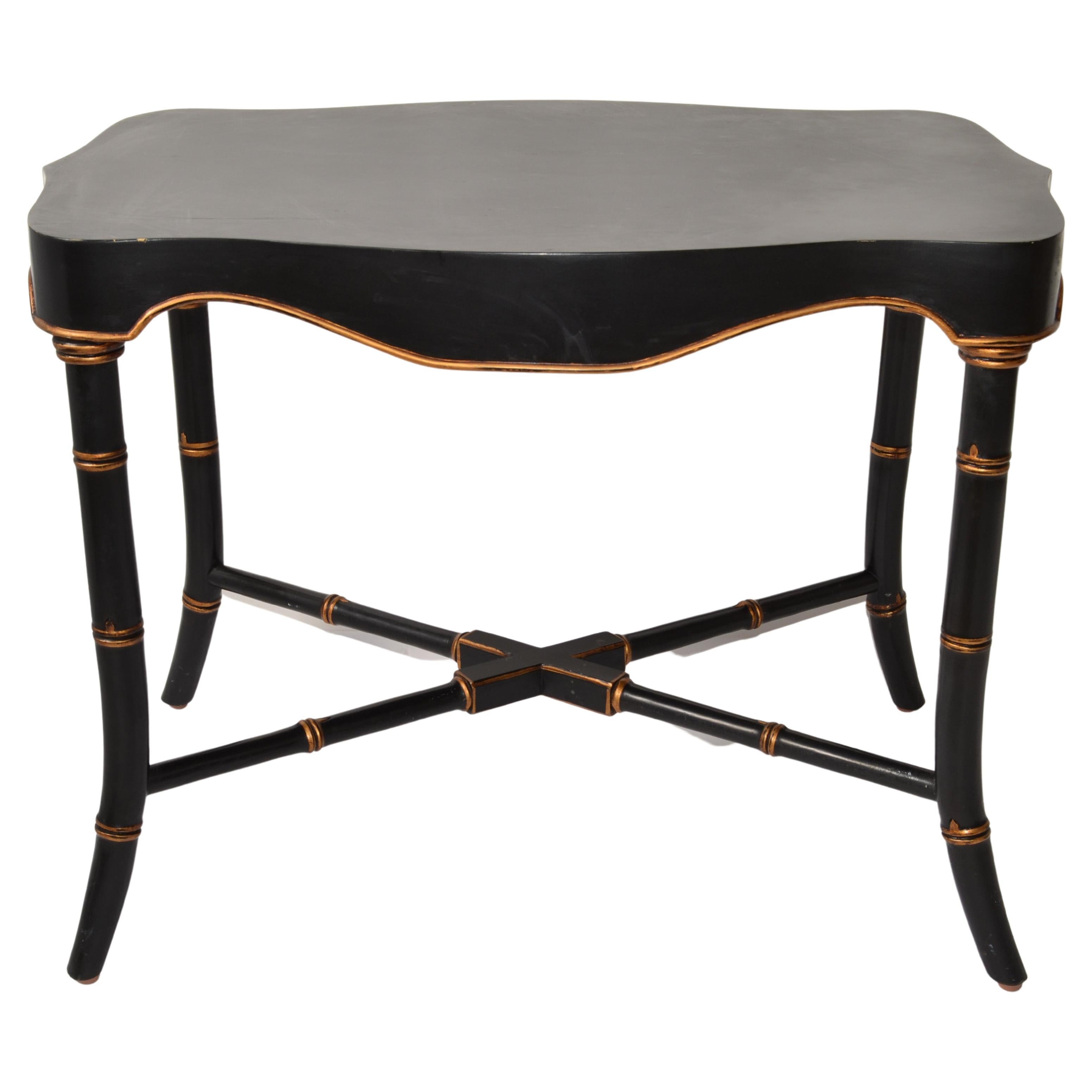 Victorian Mid-20th Century Black Gold Finish Accent Table Faux Bamboo Cross Base For Sale