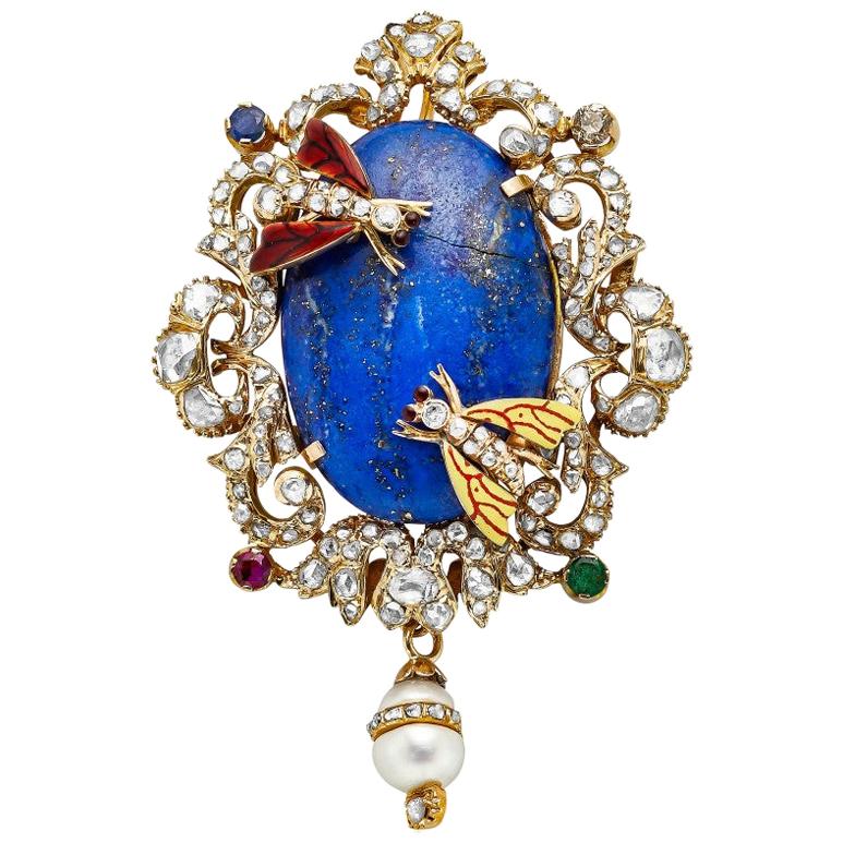 Victorian Middle Eastern 14 Karat Yellow Gold Lapis, Diamond and Pearl Pin