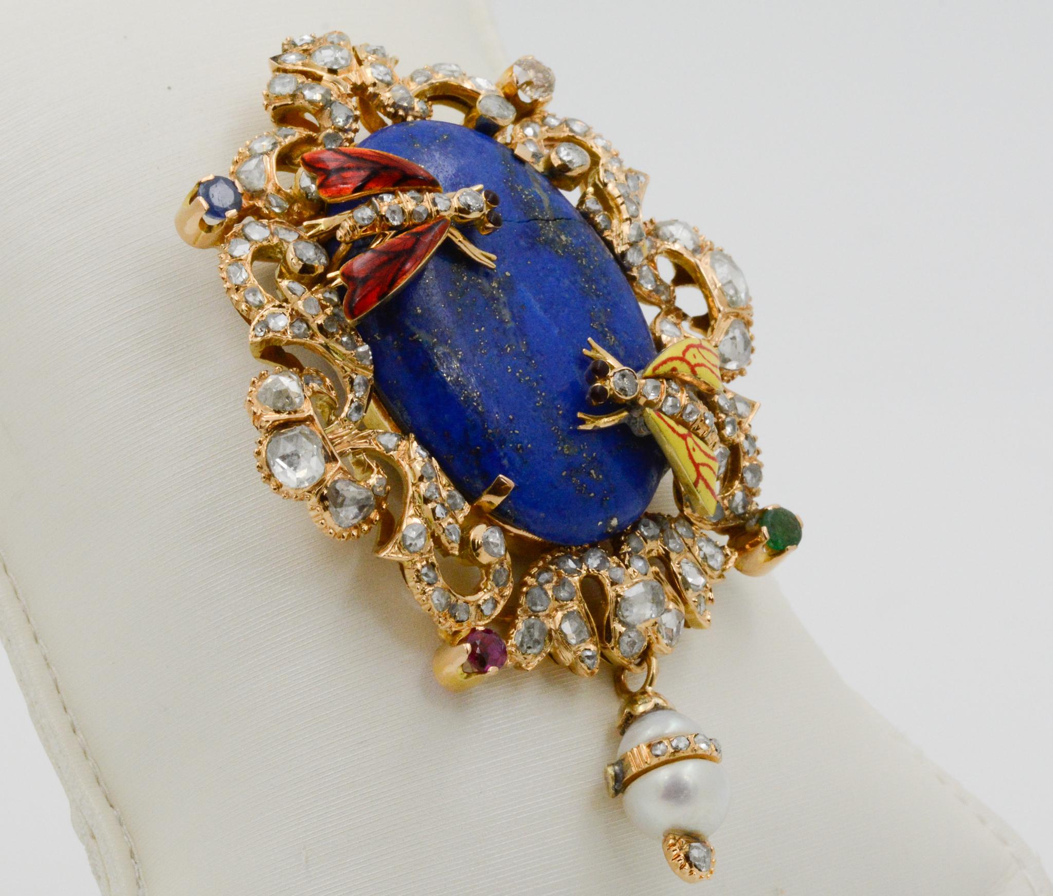 Early Victorian Victorian Middle Eastern 14 Karat Yellow Gold Lapis, Diamond and Pearl Pin