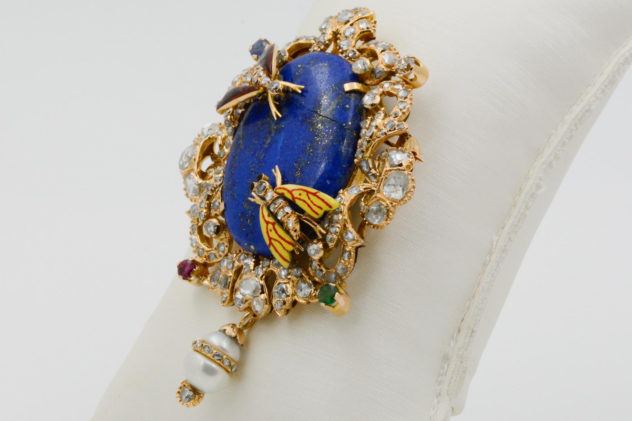 Round Cut Victorian Middle Eastern 14 Karat Yellow Gold Lapis, Diamond and Pearl Pin
