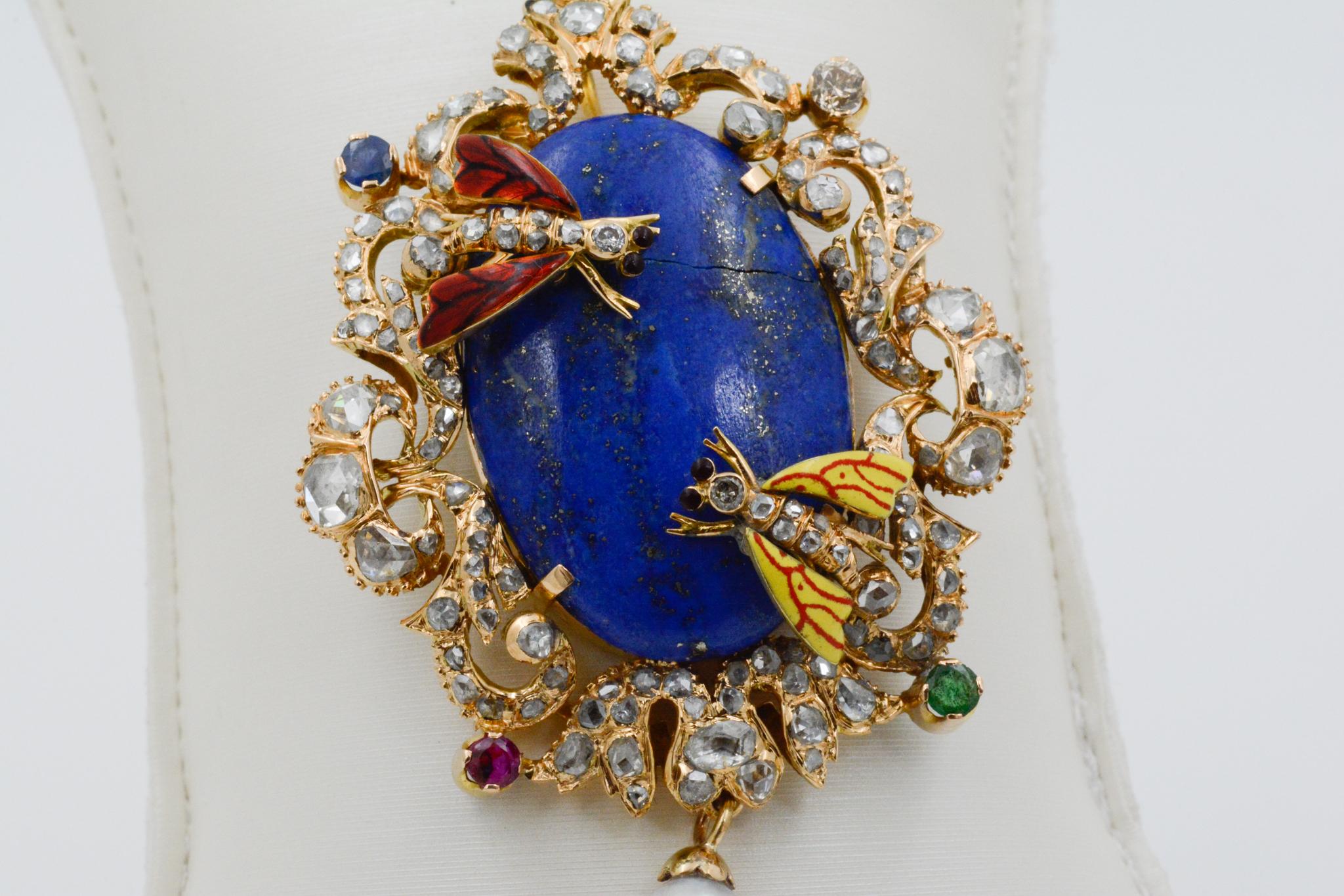 Victorian Middle Eastern 14 Karat Yellow Gold Lapis, Diamond and Pearl Pin In Good Condition In Dallas, TX