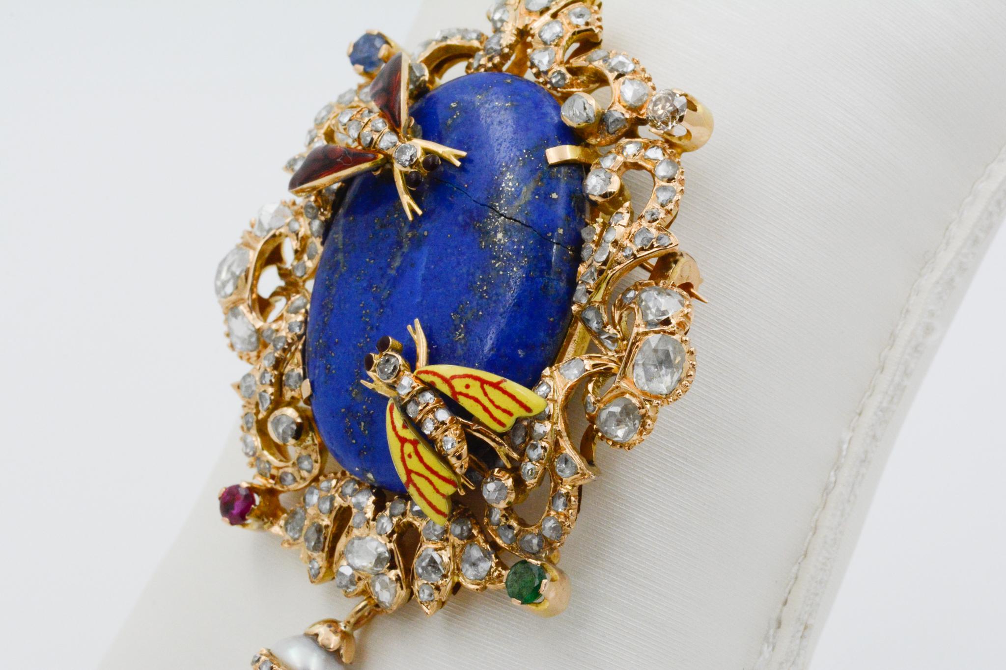 Victorian Middle Eastern 14 Karat Yellow Gold Lapis, Diamond and Pearl Pin 1