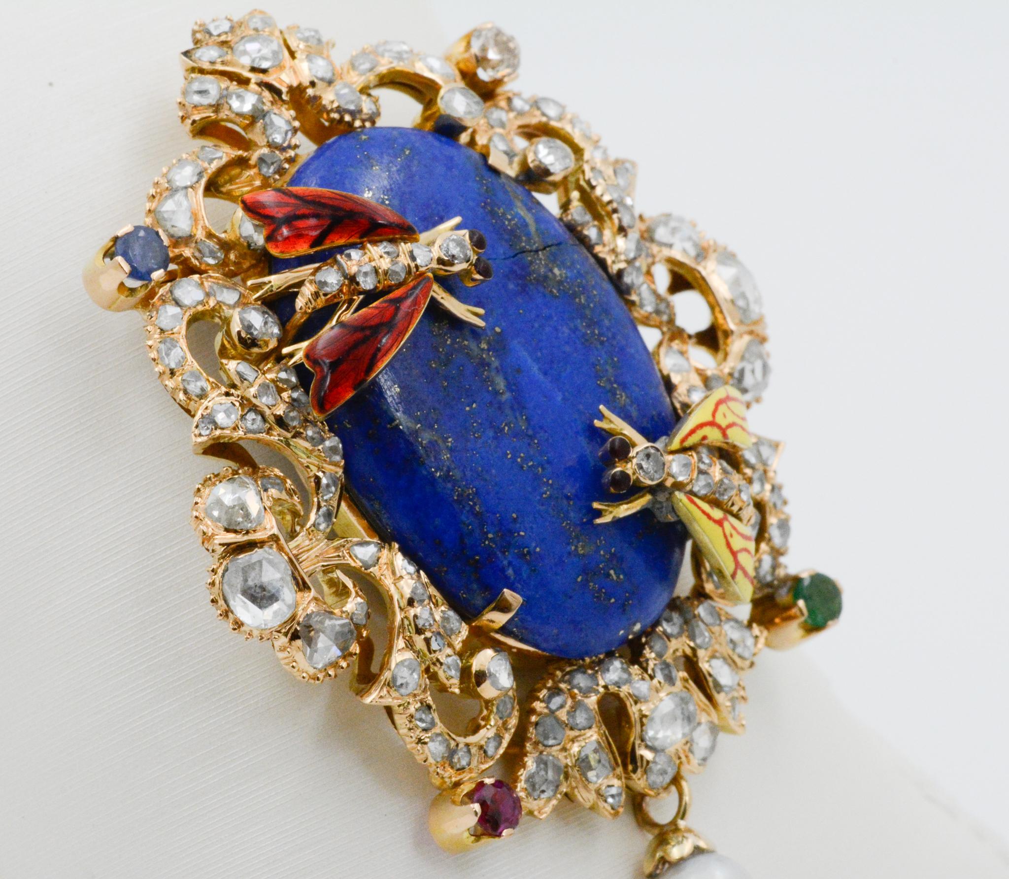 Victorian Middle Eastern 14 Karat Yellow Gold Lapis, Diamond and Pearl Pin 2