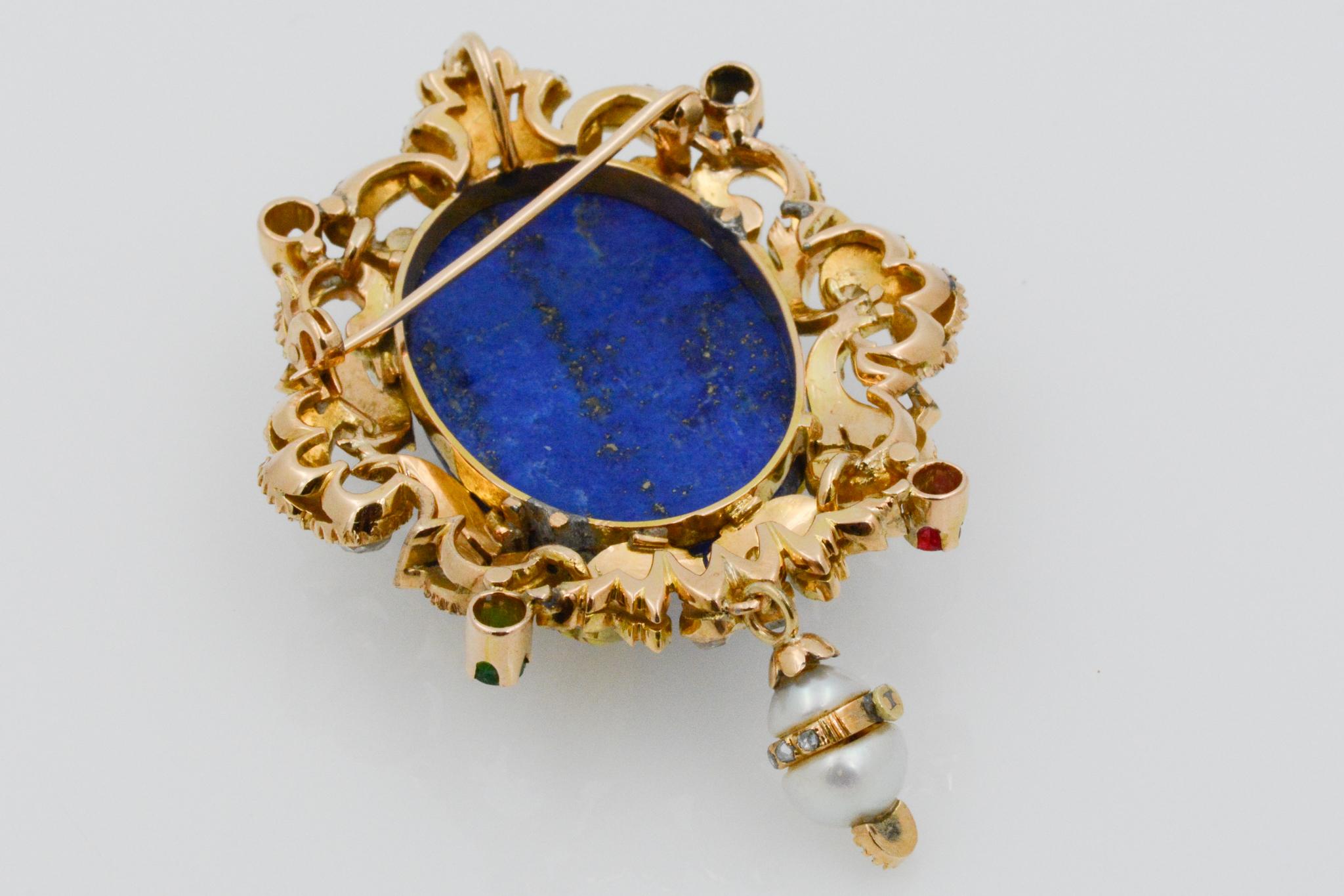 Victorian Middle Eastern 14 Karat Yellow Gold Lapis, Diamond and Pearl Pin 3